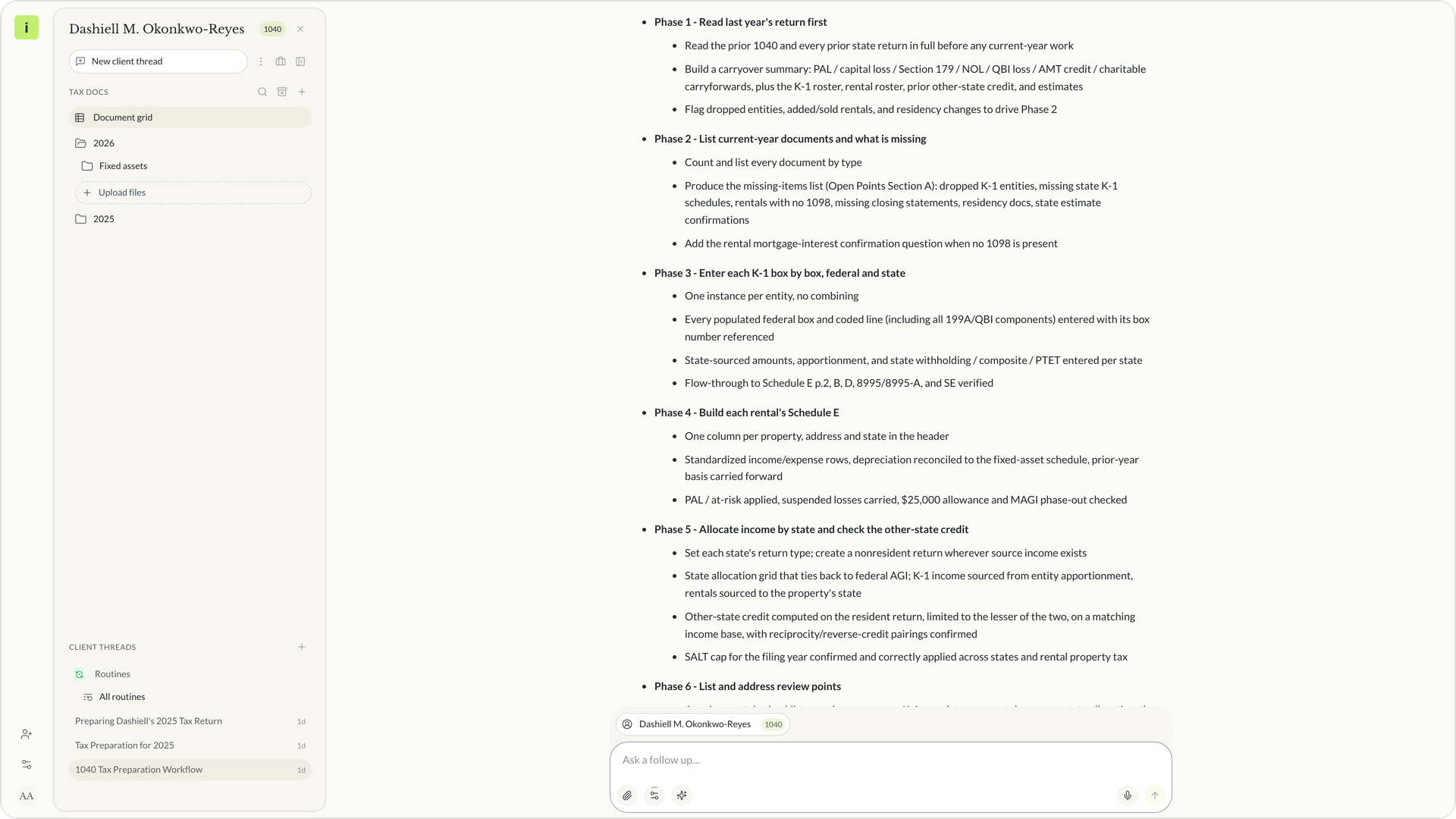 The Instead agent replies with a six-step firm workflow for a 1040 with K-1s
