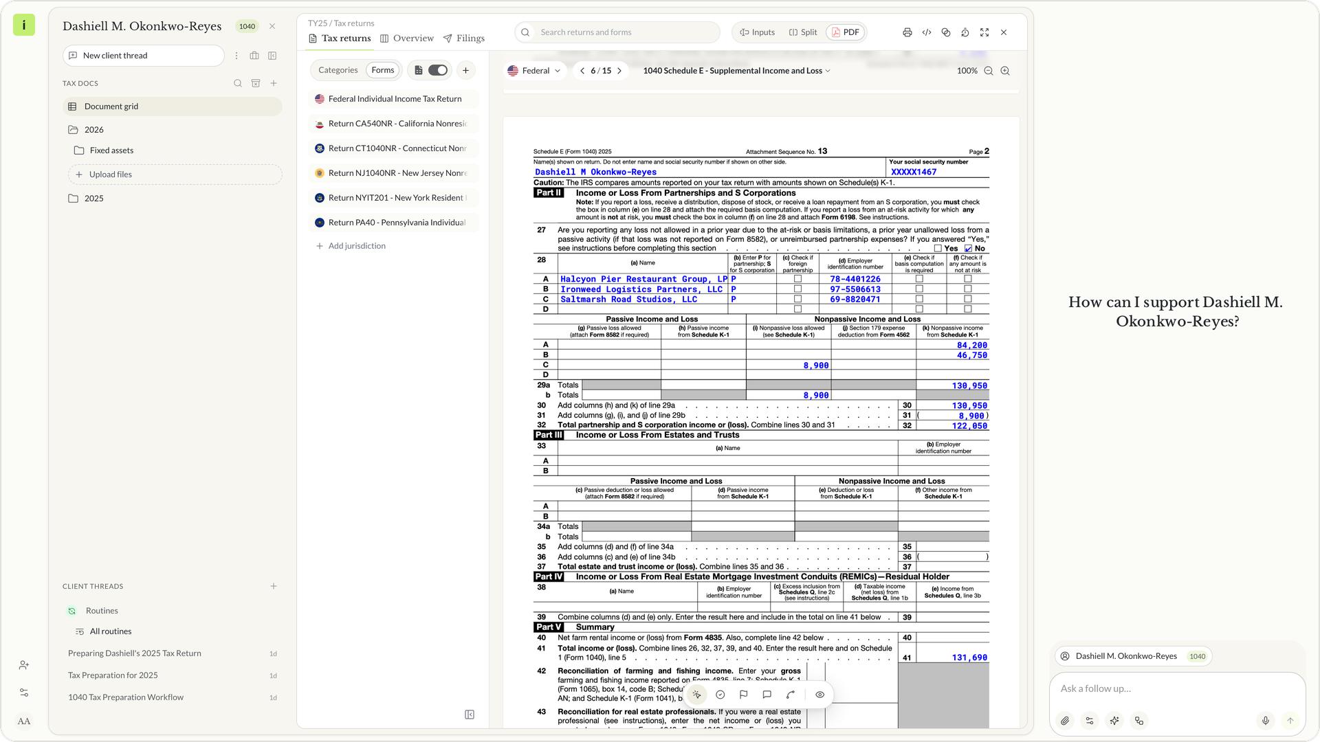 Schedule E page 2 of the demo client's return in Instead with three K-1s on line 28 and the line 32 total