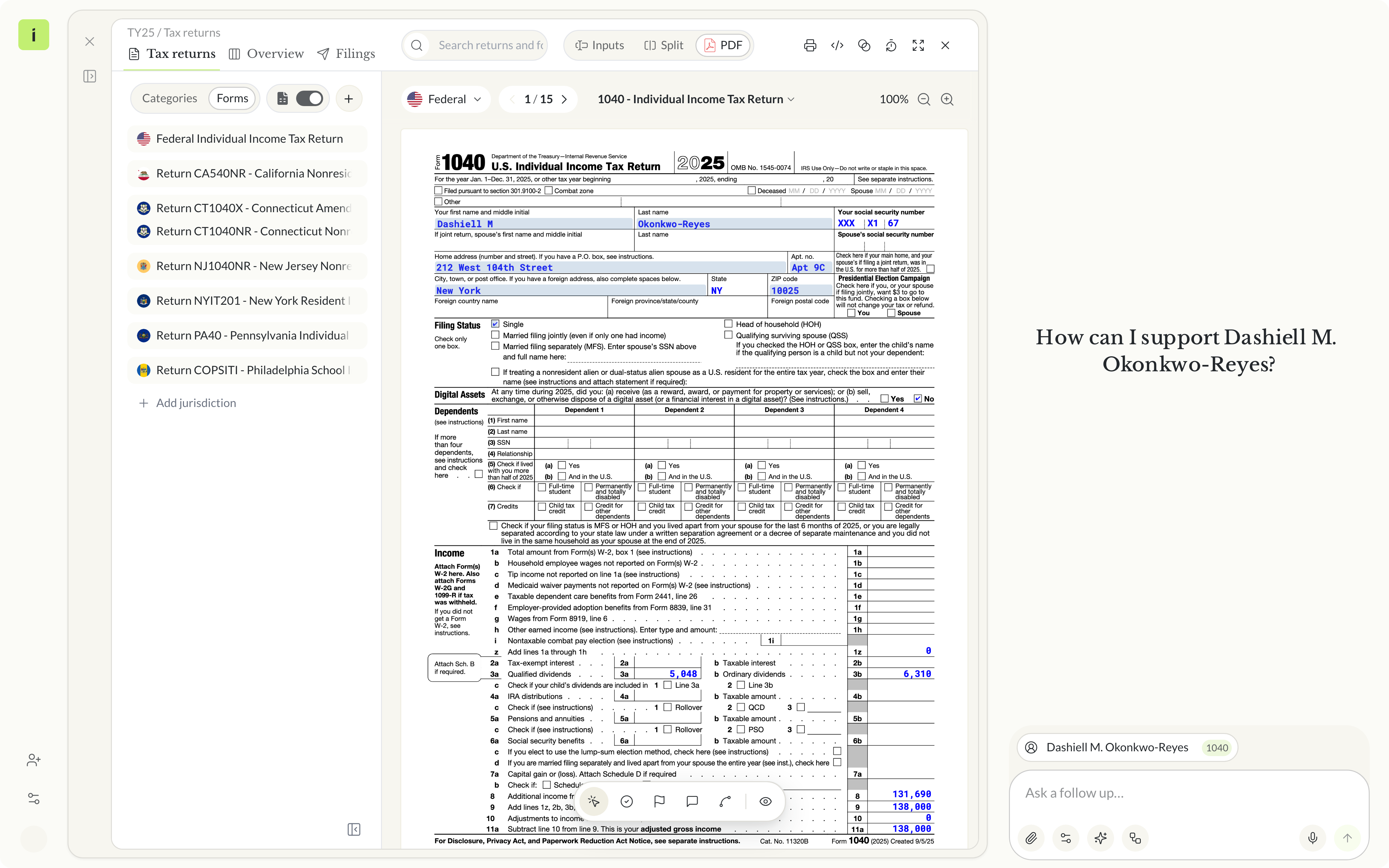 A demo client in Instead with federal, state and local tax year 2025 returns in one return list