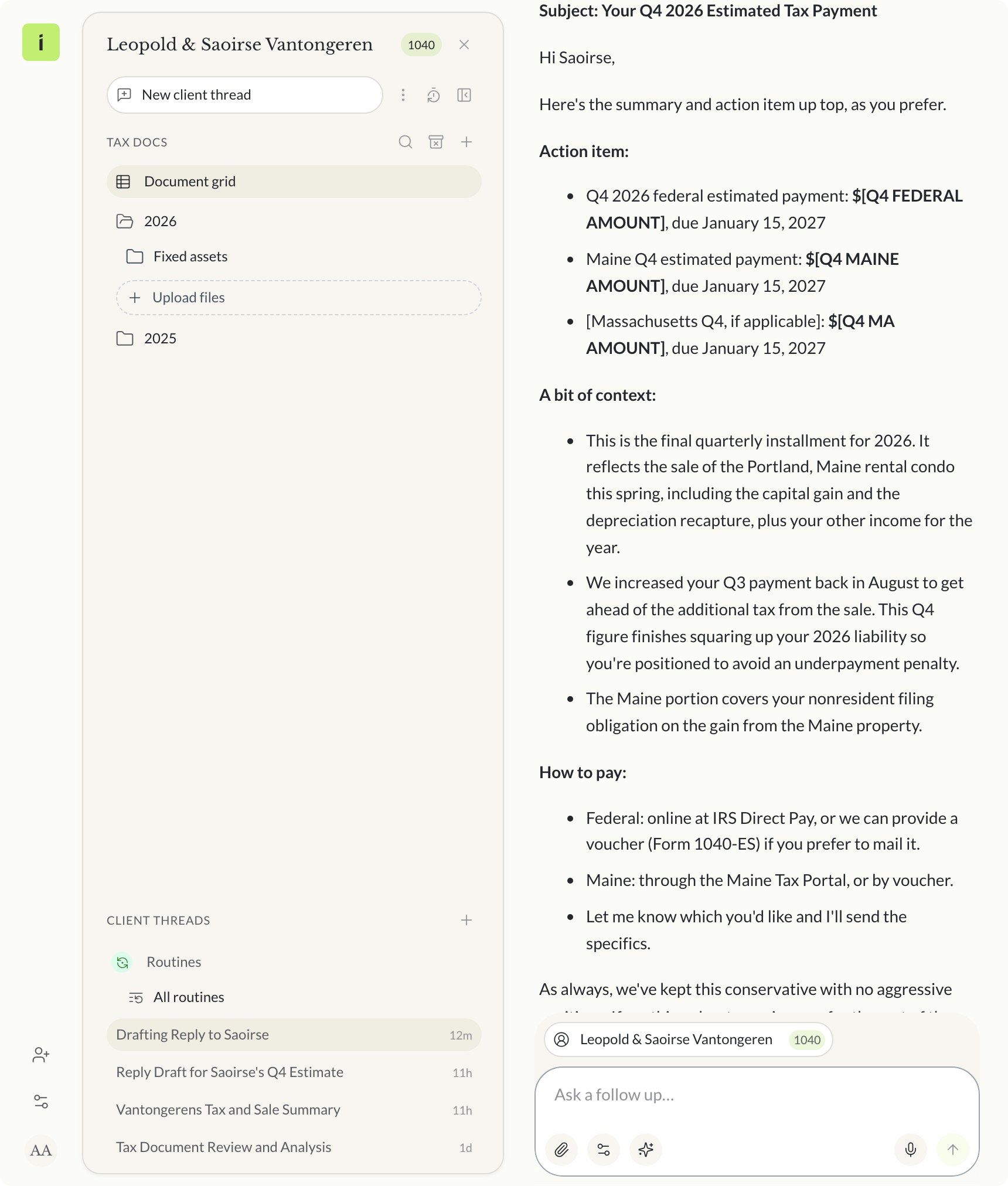 The Q4 estimate email draft in Instead with the action item at the top and placeholder amounts