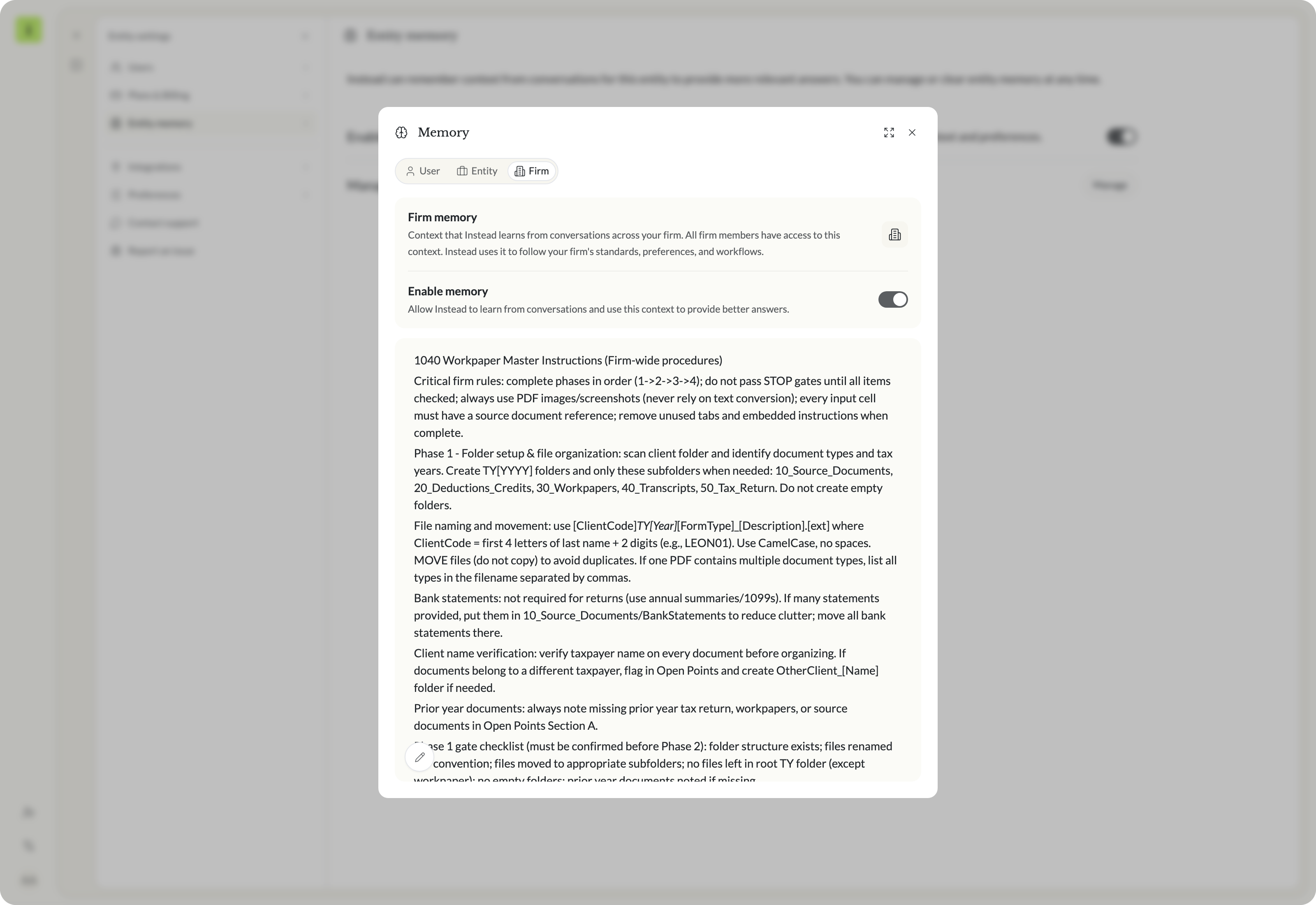 The Memory dialog in Instead on the Firm tab, showing firm procedures for 1040 workpapers