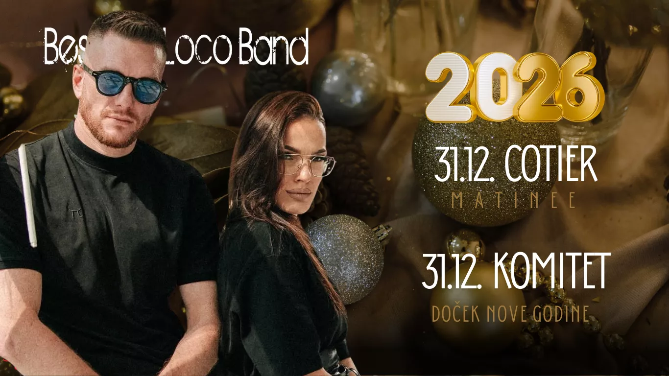 Promotional image of Beso Loco Band members with New Year 2026 event details at Cotier and Komitet.
