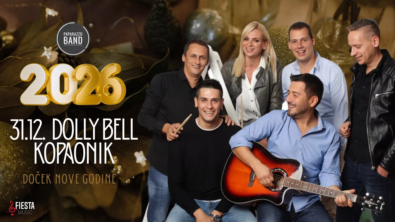 Paparazzo Band of six members posing with a guitar and drumsticks for a New Year's Eve 2026 event poster at Dolly Bell, Kopaonik.