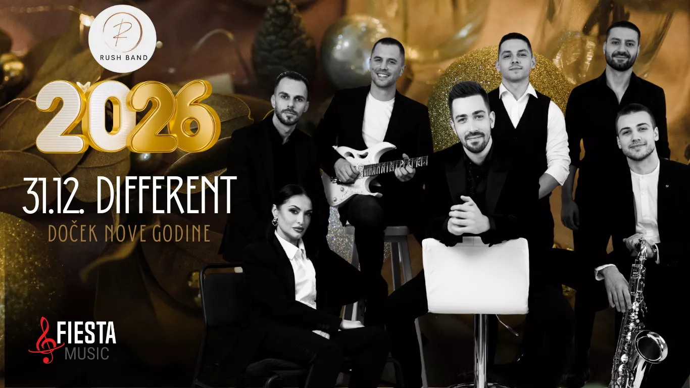 Rush Band members dressed in black posing with a guitar and saxophone against a festive background with gold decorations, promoting their 2026 New Year event on 31.12. titled Different.
