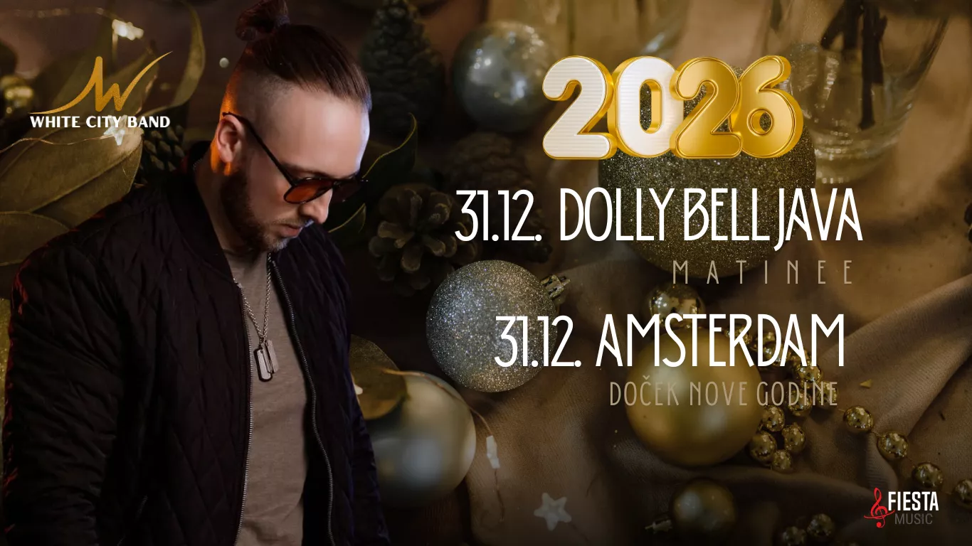 Man with sunglasses looking down beside 2026 New Year's event dates at Dolly Bell Java and Amsterdam with festive ornaments background.