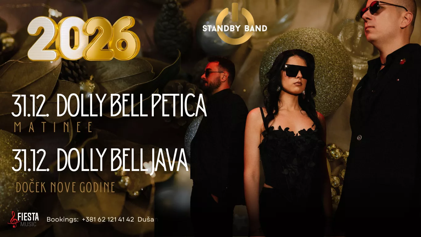 Promotional image for Standby Band's 2026 New Year performances featuring two men and one woman dressed in black in front of festive gold decorations.