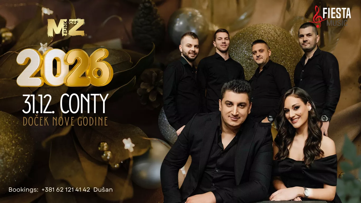 Six men and one woman dressed in black posing in front of gold and silver festive decorations with text announcing 2026 New Year's Eve event at Conty and booking contact.