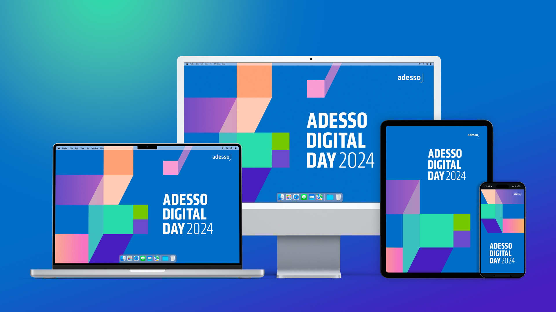 Digital Wallpaper-Set zum Adesso Digital Day 2024 von Phocus Brand Contact: Key-Visual auf Desktop, Laptop, Tablet und Smartphone in buntem Farbdesign
