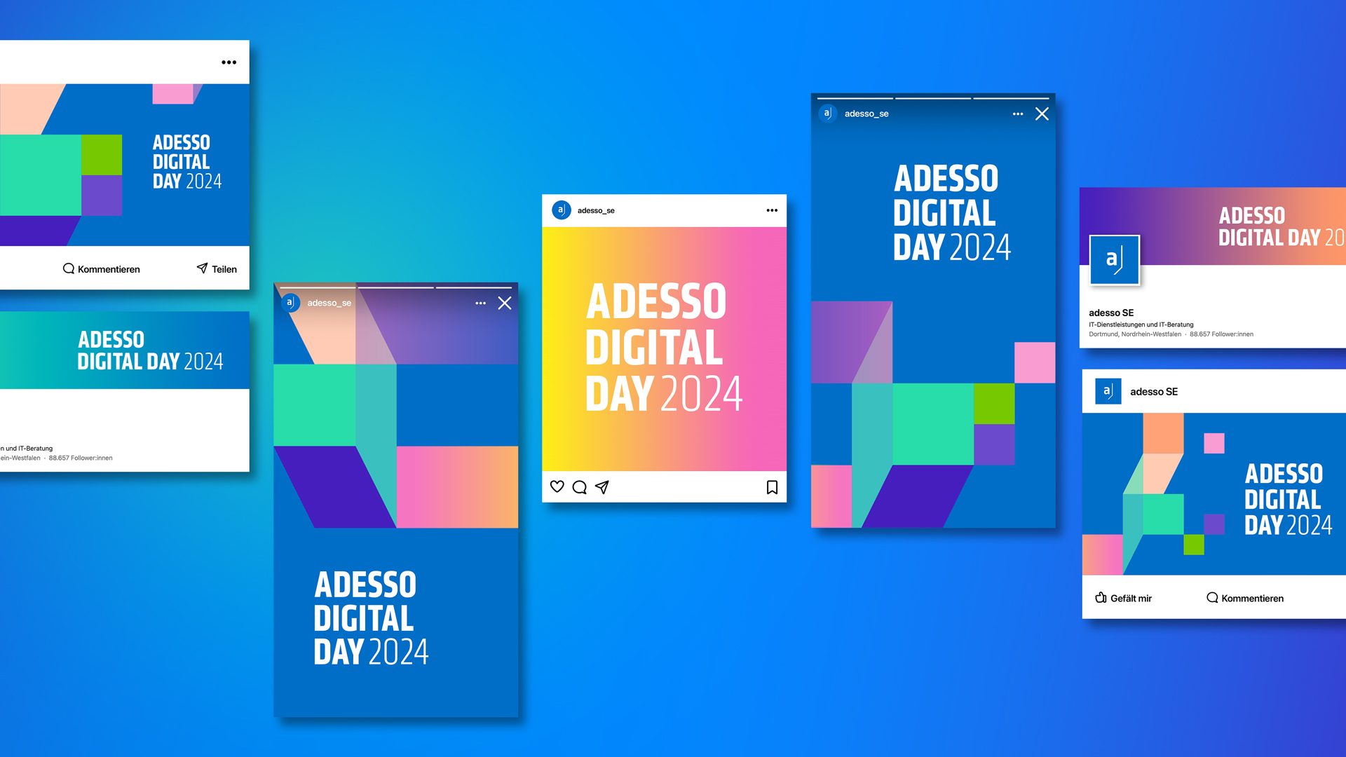 Social-Media-Mockups zum Adesso Digital Day 2024: Instagram-Posts und -Stories des Profils adesso_se mit Event-Key-Visual in buntem Farbverlauf sowie Markenfarben.