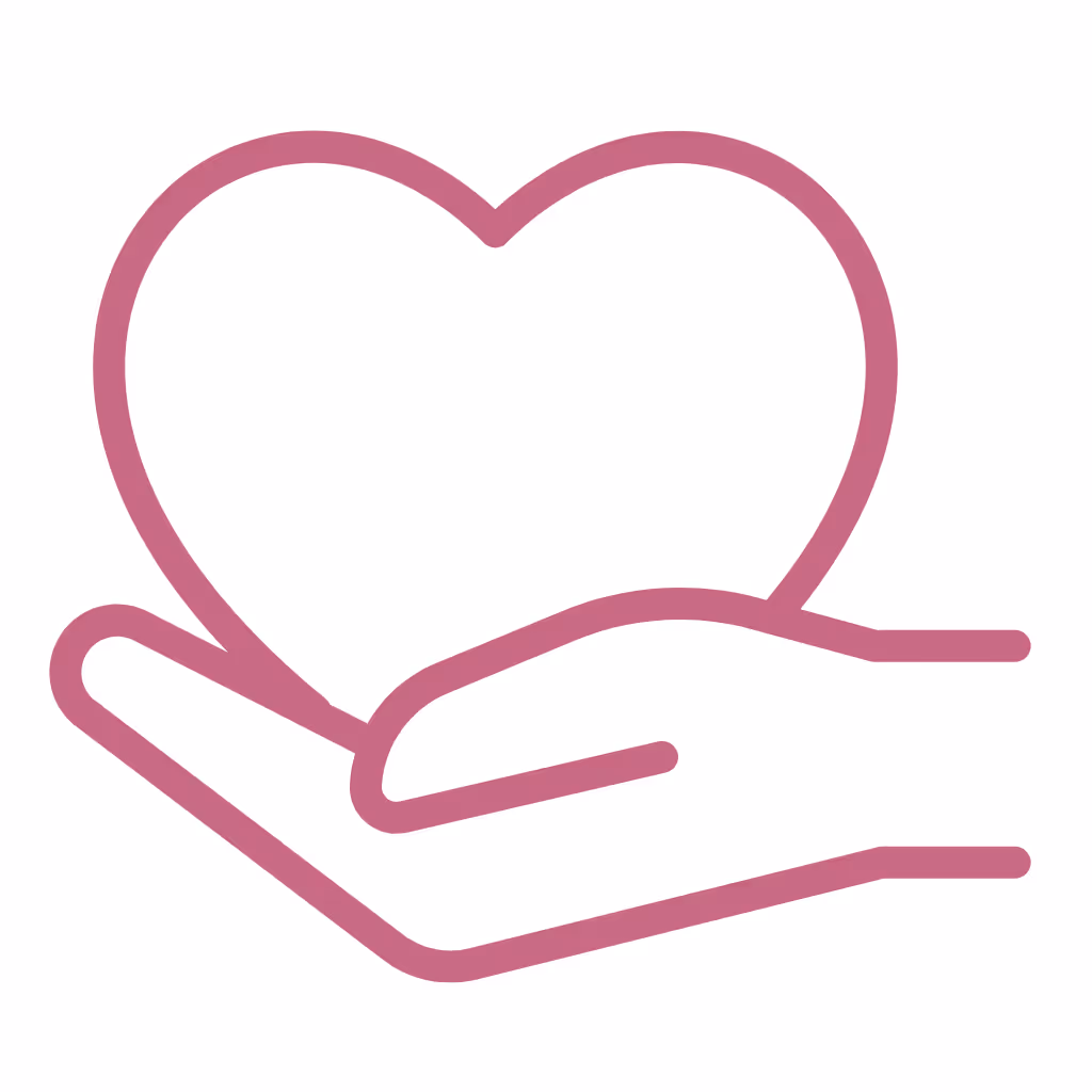 Outline of a hand holding a heart, symbolizing care or support