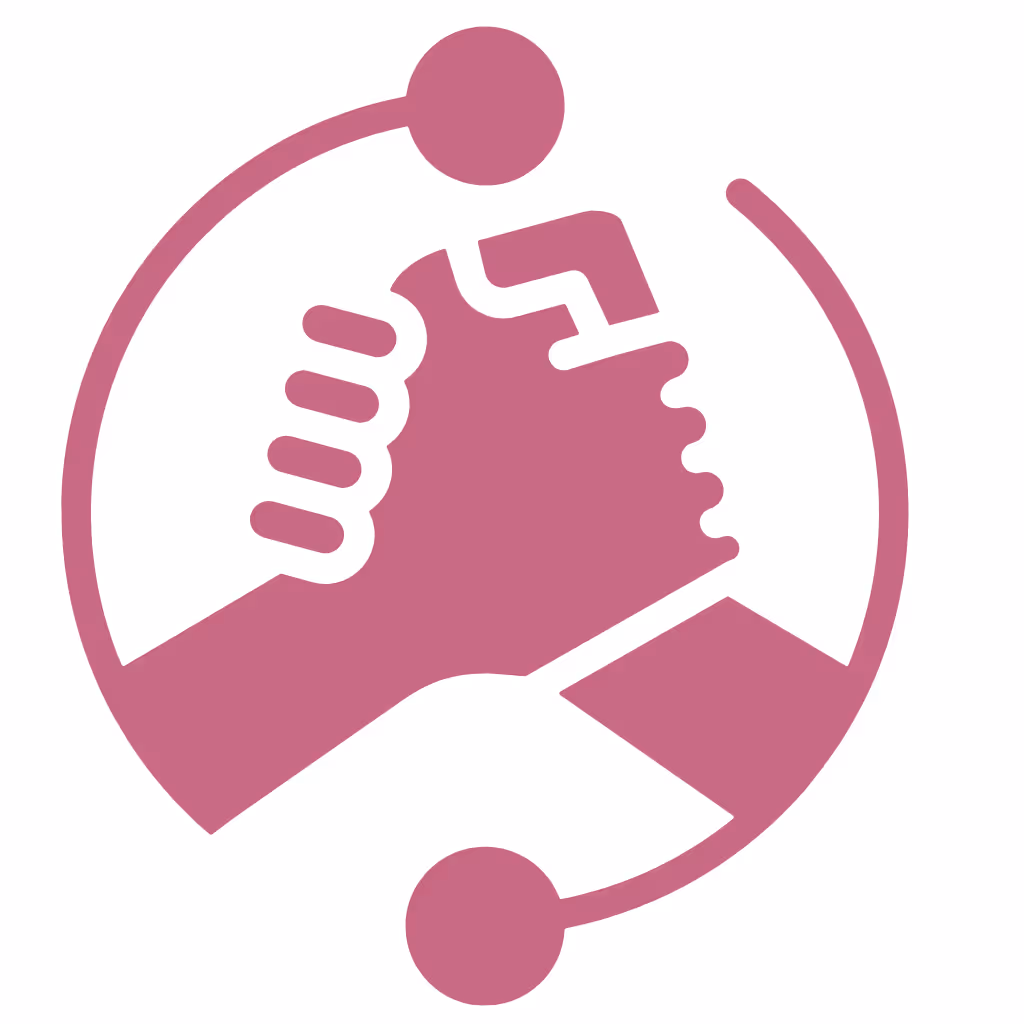 Two hands clasped in a handshake inside a circle, symbolizing partnership and support