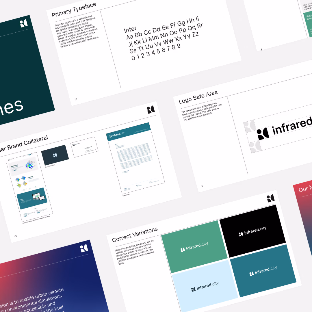 Brand guidelines spreads for infrared.city showing typography, logo safe area and colour variations
