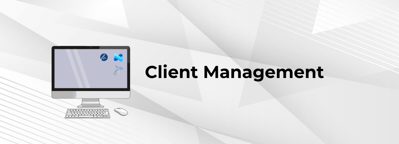 Ein PC mit den Logos von Intune, MECM und Baramundi, daneben die Überschrift Client Management
