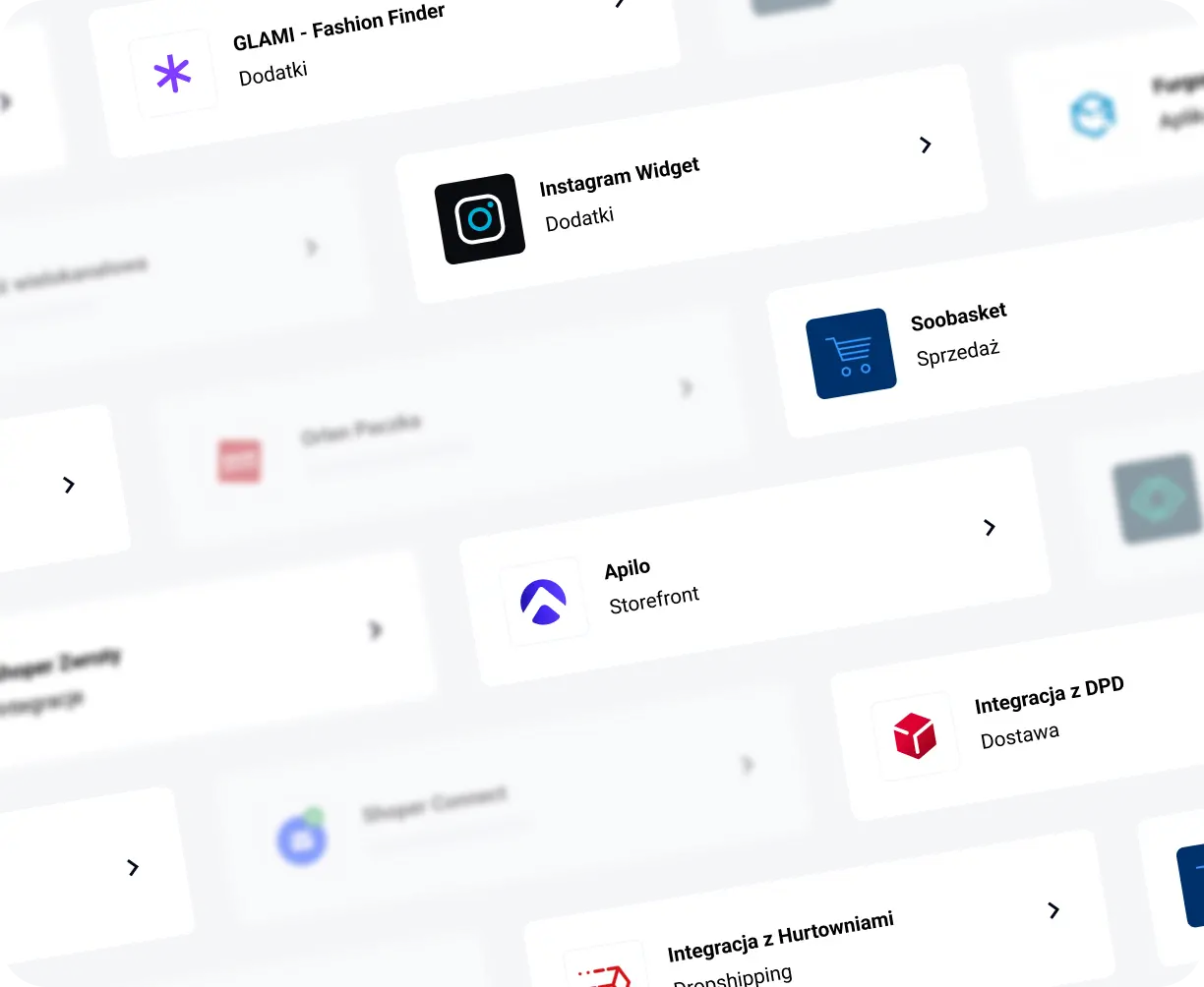 Aplikacje i dodatki, które wspierają sprzedaż, dostawy i marketing, np. Instagram Widget, Apilo, Integracja z DPD