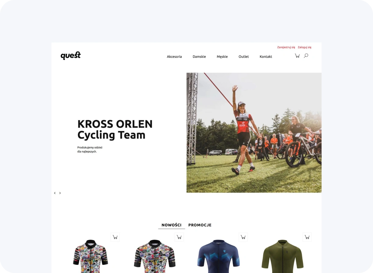 Strona sklepu Quest Sport z odzieżą rowerową, który przeniósł się z Shopify do Shopera
