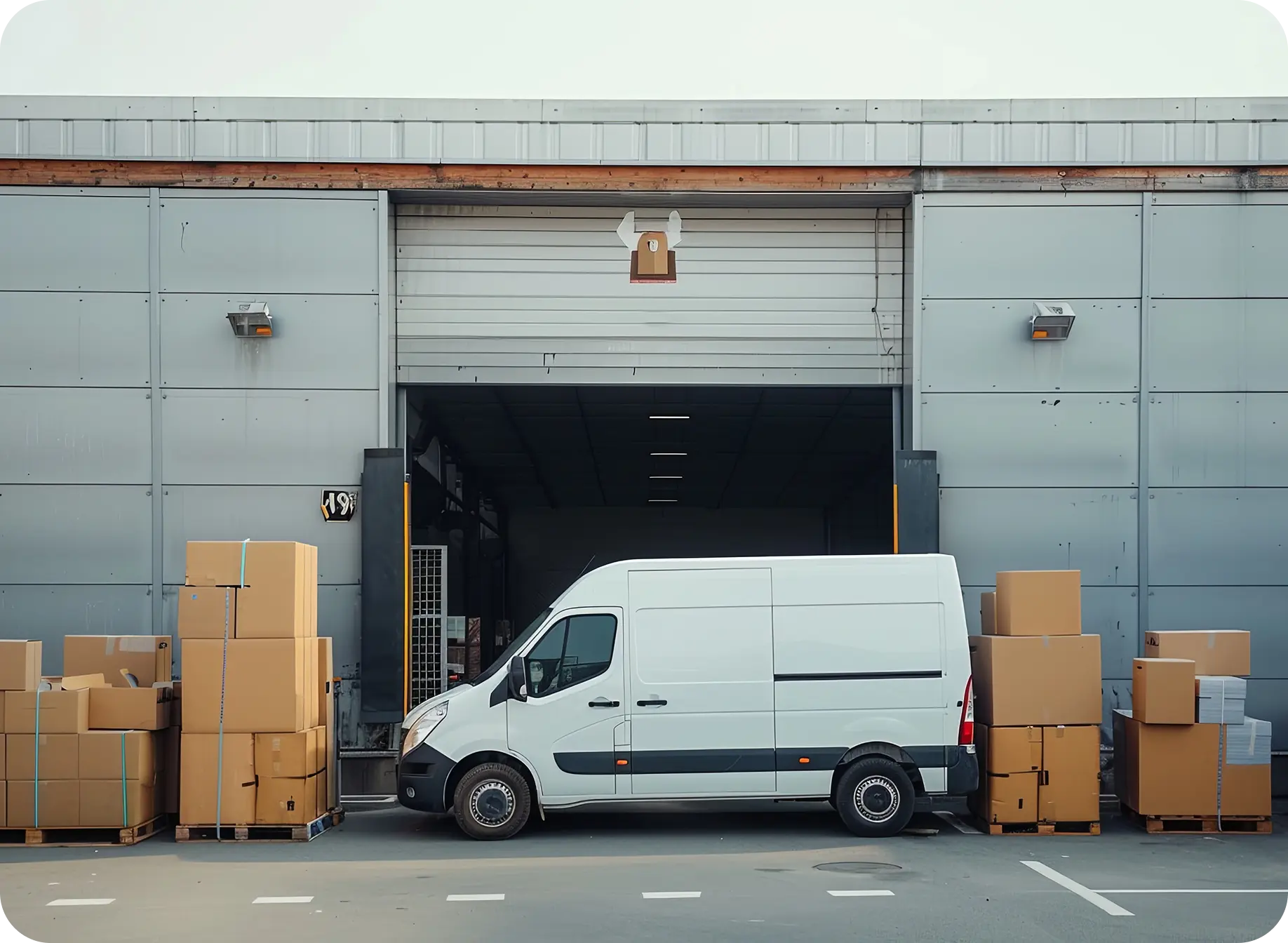 Auto dostawcze stoi przed magazynem. Obok są ustawione paczki