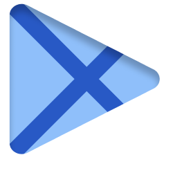 Blue triangular play button icon with intersecting dark blue lines.