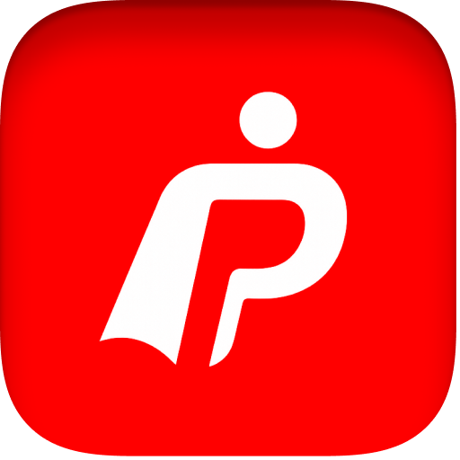 Wit gestileerd figuur met cape op een rood afgerond vierkant.