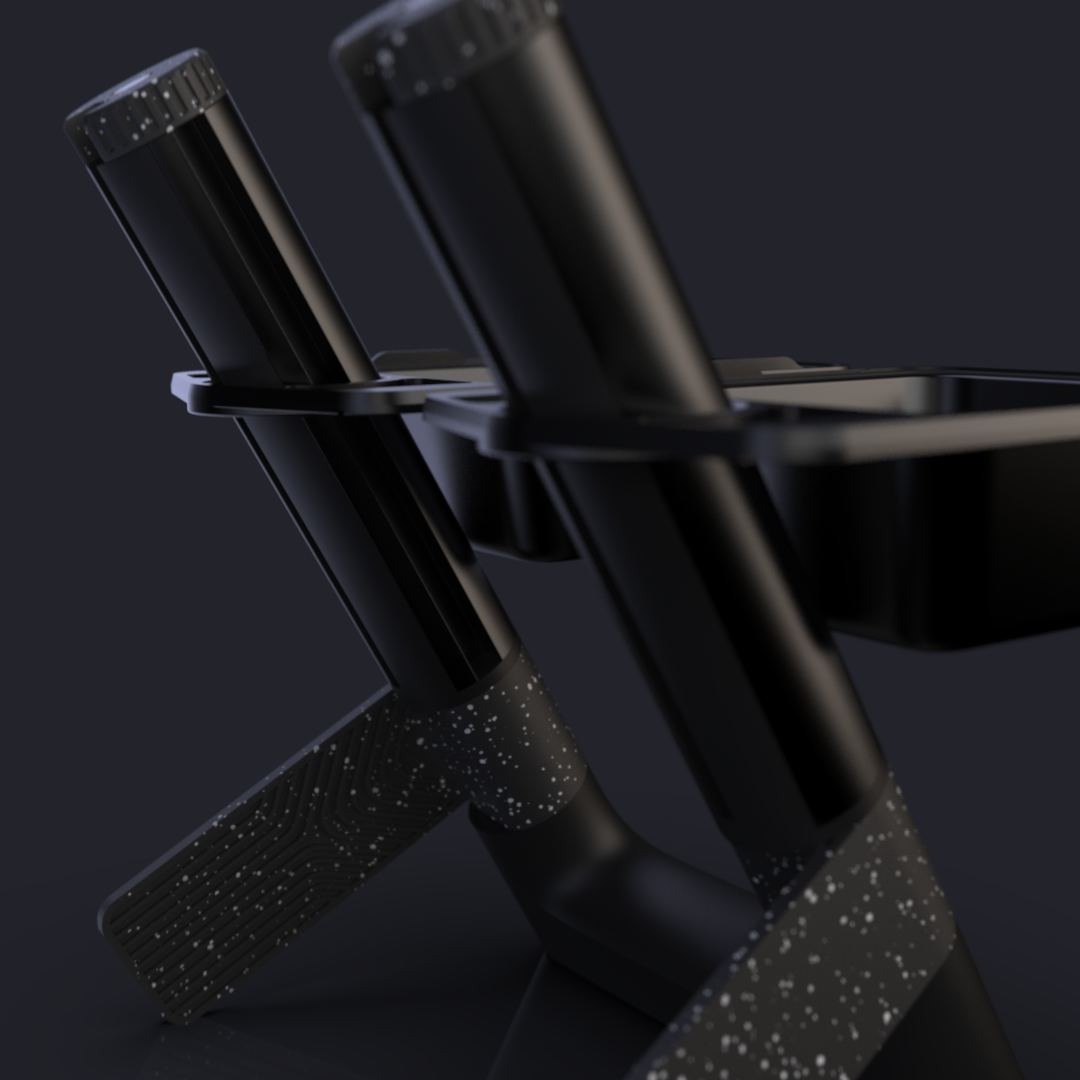 Detail render of black pet bowl product with two cylindrical posts and a connecting frame against a dark background.