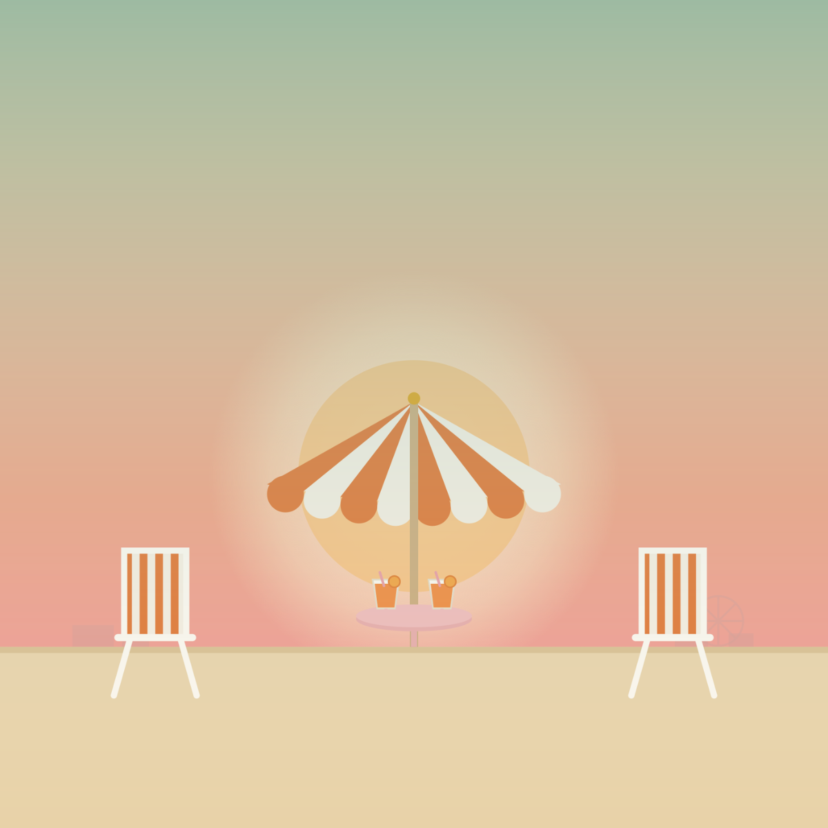Event visual with two chairs, an umbrella and sundown in bright colors.