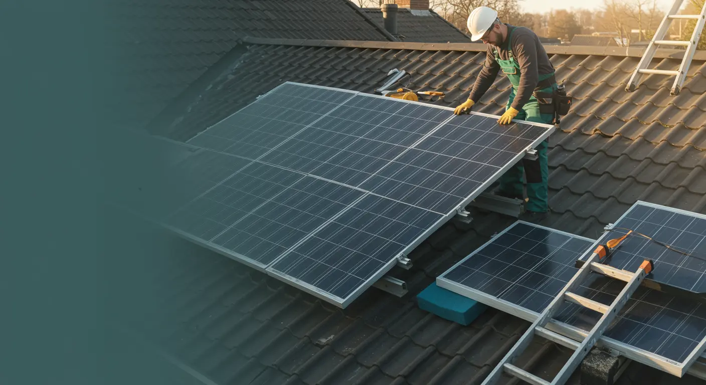 Monteur in overall verwijdert zorgvuldig een zonnepaneel van een schuin dak bij een huis in onderhoud op een zonnige middag.
