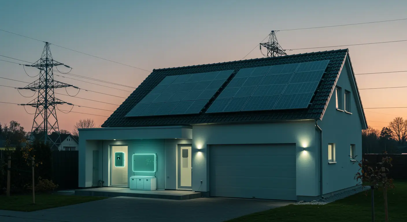 Moderne woning bij schemering met zonnepanelen op het dak en een oplichtende thuisbatterij in de garage, tegen een achtergrond van hoogspanningslijnen.