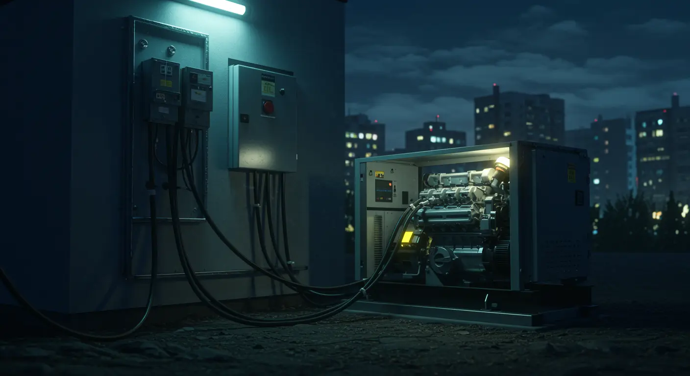 Noodstroomgenerator voorziet modern gebouw van elektriciteit tijdens grootschalige stroomuitval in de stad.