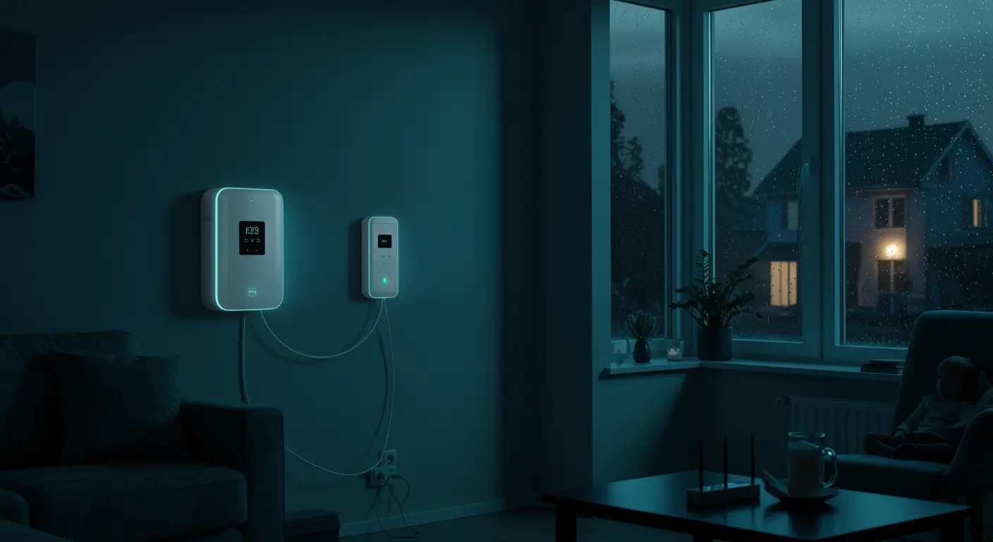 Gezinswoning met werkende thuisbatterij tijdens stroomuitval, zichtbaar via verlichte apparaten en donkere huizen buiten in stormachtig avondlicht.