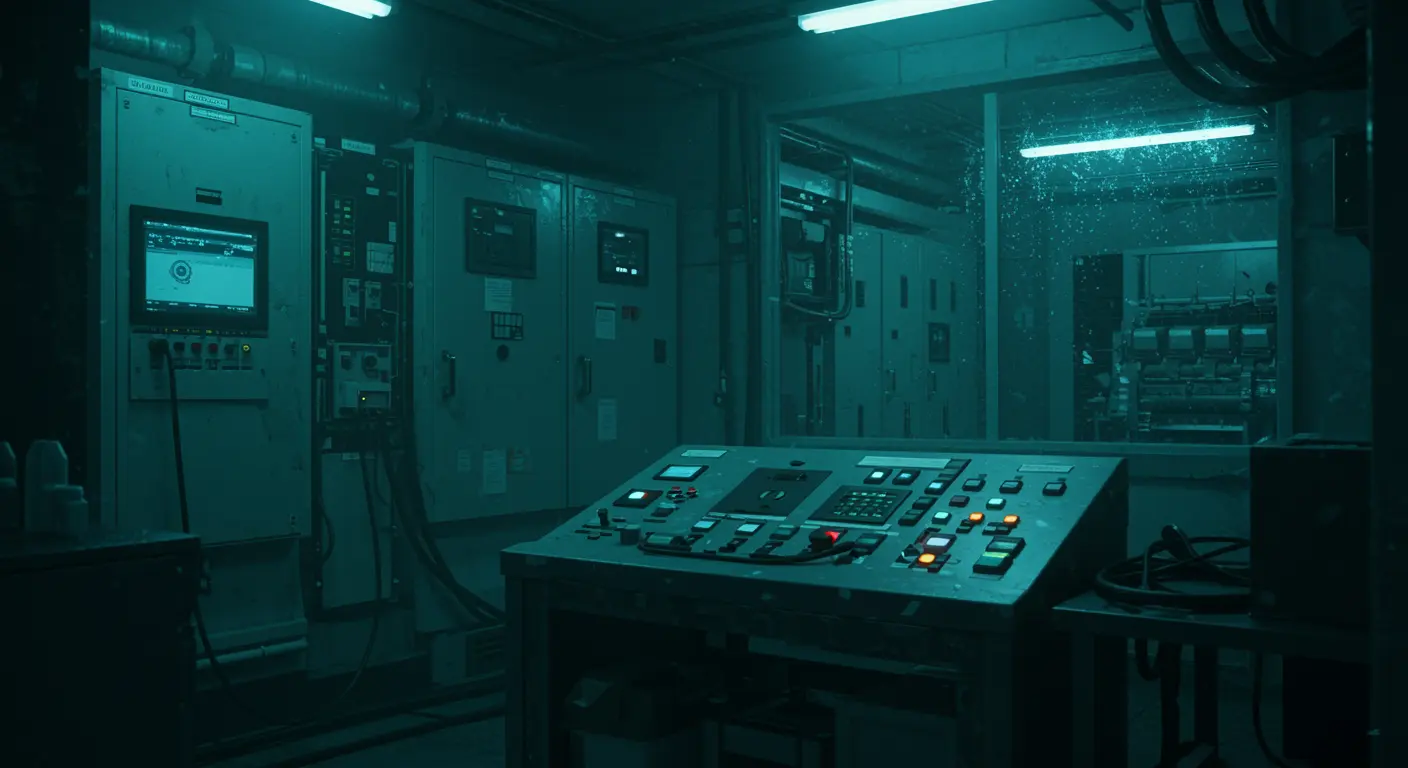 Controlekamer met noodverlichting actief tijdens stroomuitval, met zicht op apparatuur, generator en regenachtig nachtelijk raam.