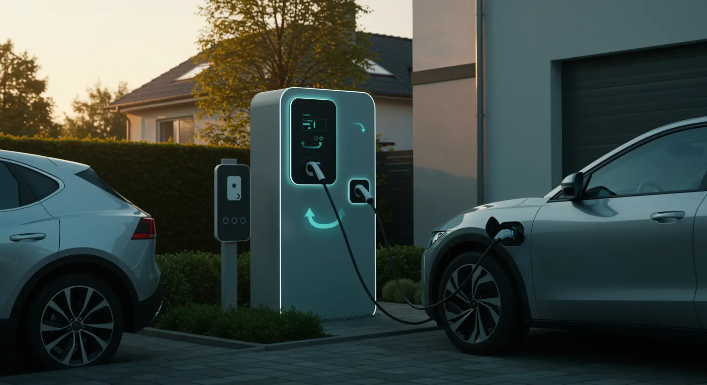 Elektrische auto verbonden met moderne thuislader op oprit, subtiele laadpijlen zichtbaar, tweede auto geparkeerd in zonovergoten tuin.