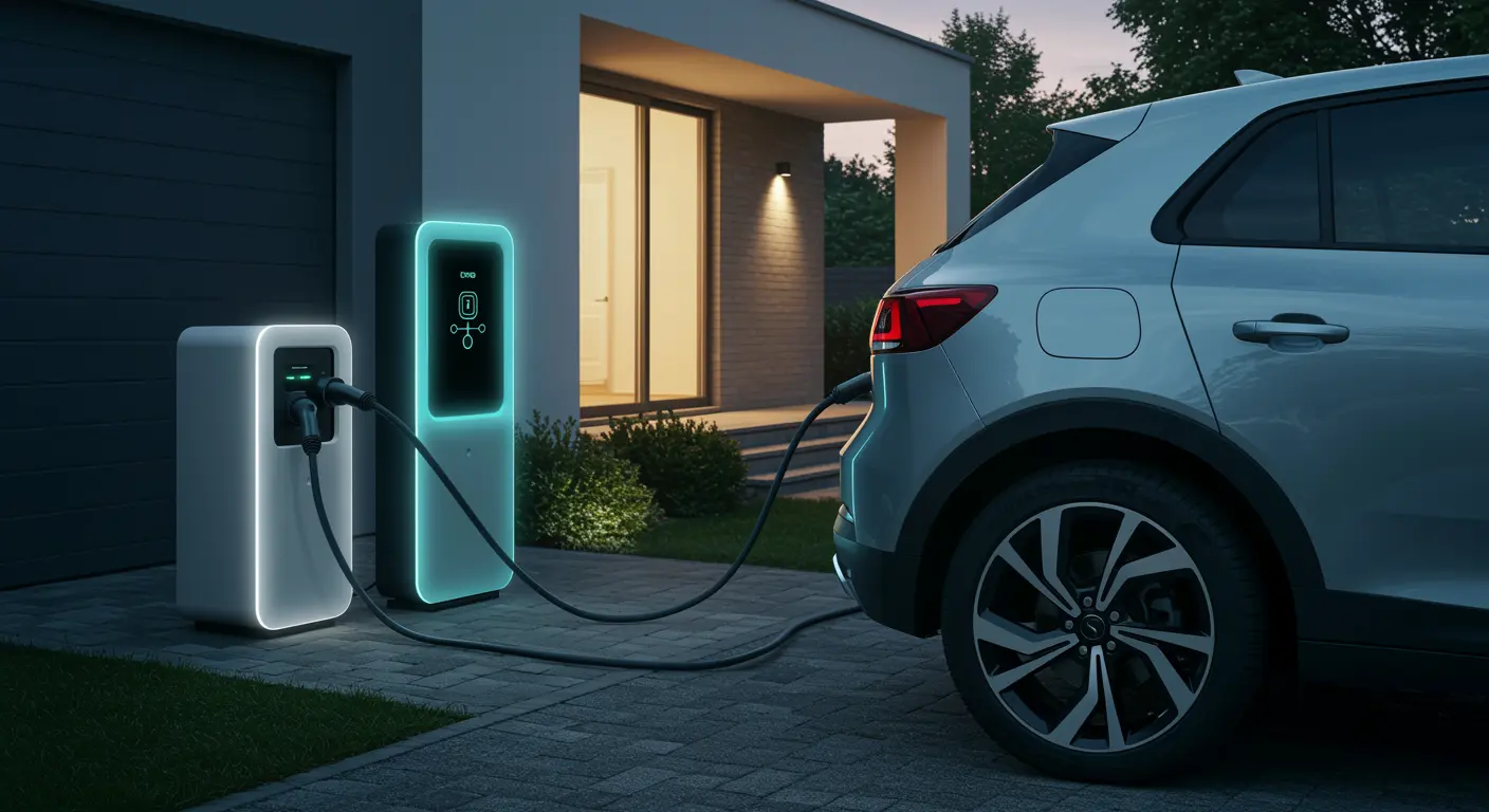 Elektrische auto laadt op in oprit bij moderne woning met accupack en aangesloten huishoudapparaat, bij avondlicht, als illustratie van bidirectioneel laden.