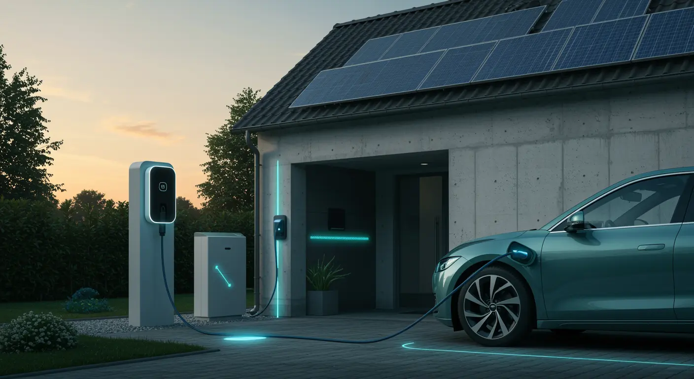 Elektrische auto aangesloten op bidirectionele lader bij smart home met zonnepanelen en thuisbatterij tijdens zonsondergang.