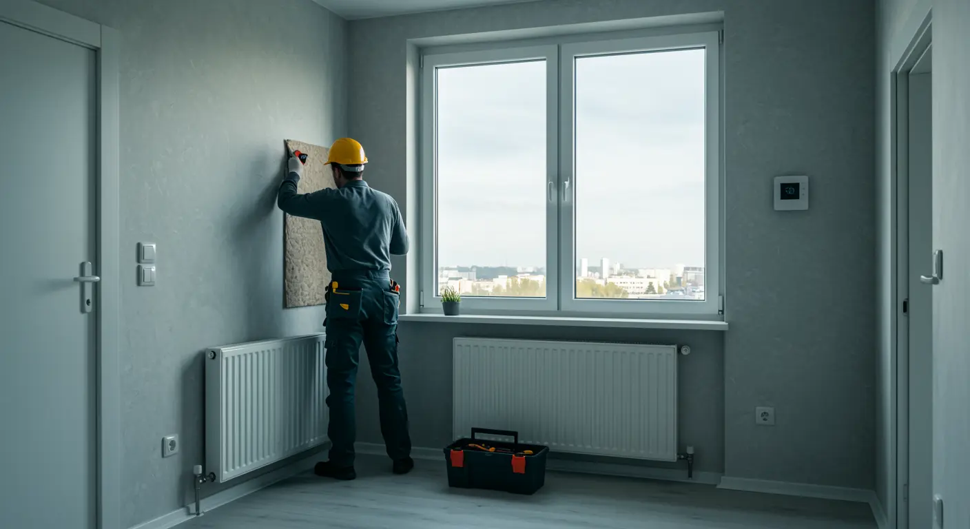 Onderhoudsmedewerker past isolatie aan bij modern raam in energiezuinig huurappartement met radiator, thermostaat en gereedschapskist.