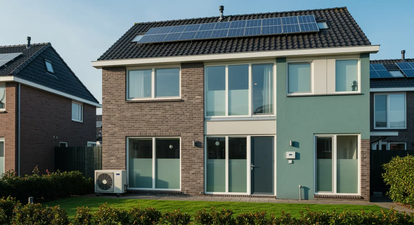Goed geïsoleerd Nederlands huurhuis met zonnepanelen, warmtepomp en dubbele beglazing in een groene, moderne woonwijk onder helder daglicht.