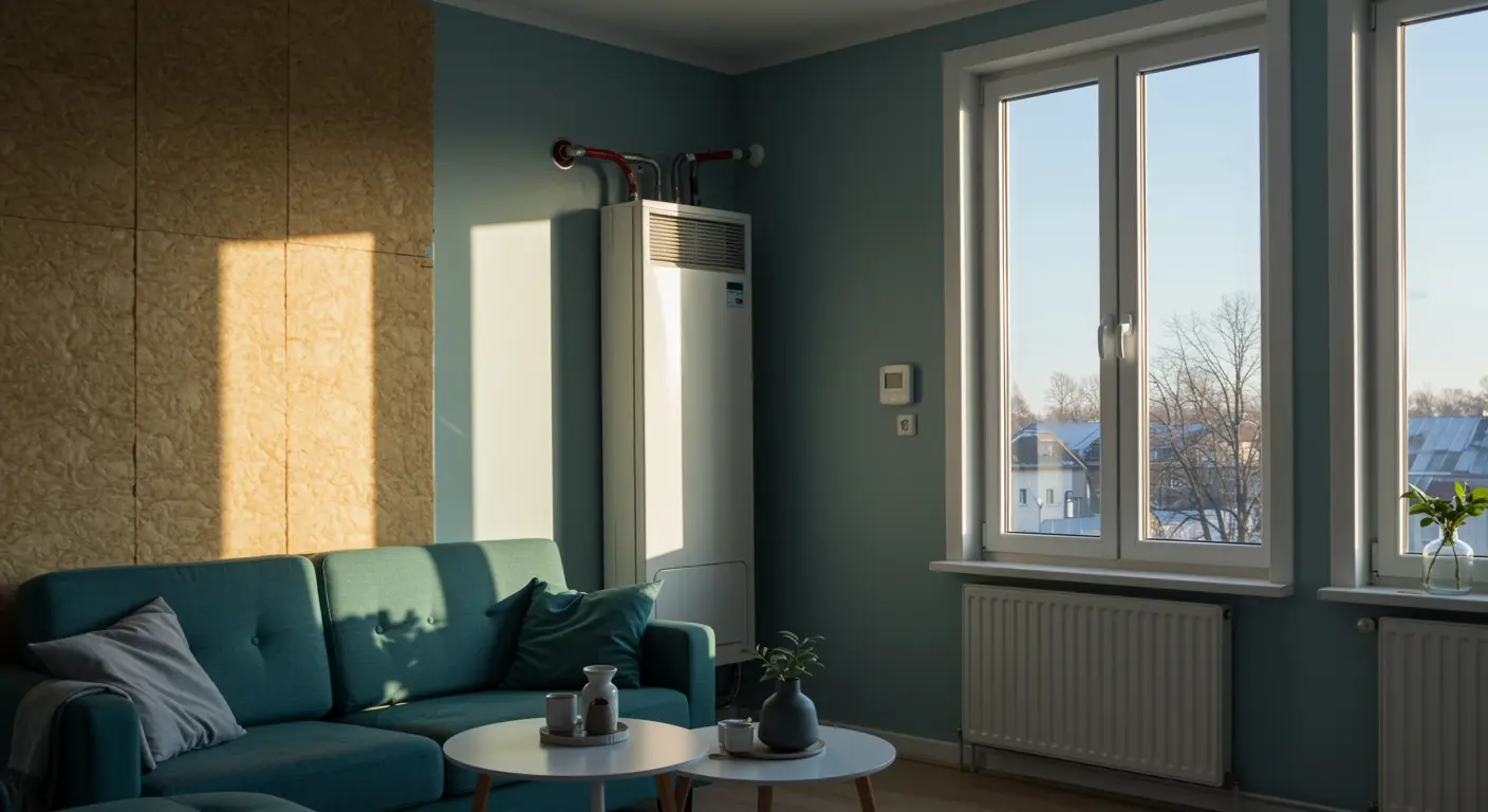 Woonkamer van een pas gerenoveerd appartement met warm zonlicht, slimme thermostaat, warmtepomp, isolatiepanelen en dubbele beglazing.