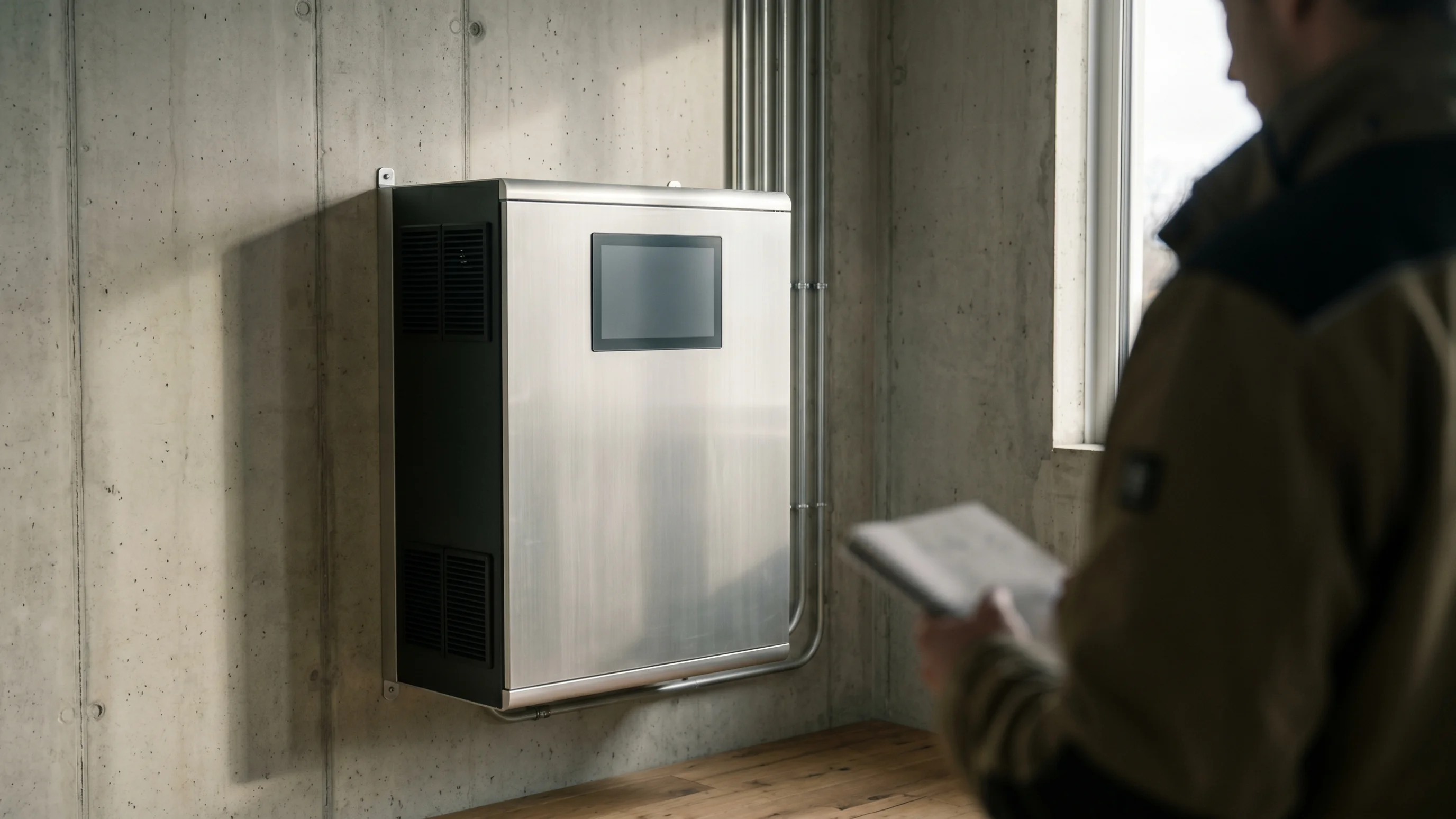 Industriële zakelijke batterijopslag unit gemonteerd aan betonnen muur in commerciële technische ruimte