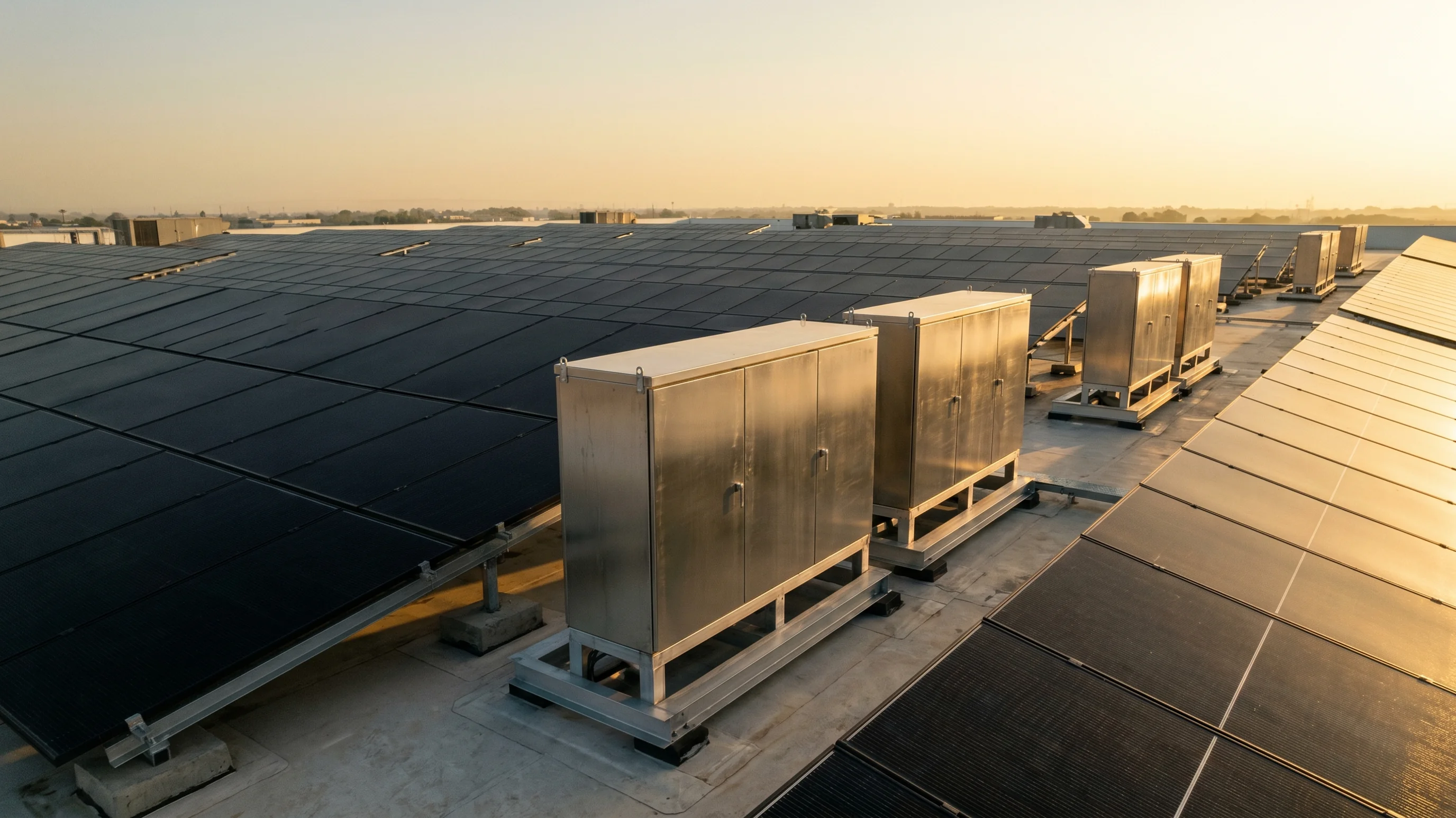 Zakelijk batterijopslagsysteem met zonnepanelen op plat industrieel dak bij gouden uursverlichting