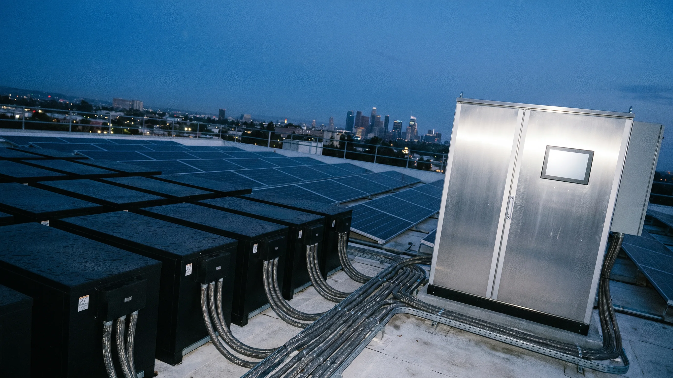 Zakelijke batterijopslag op commercieel dak naast zonnepanelen voor verdienen aan de onbalansmarkt