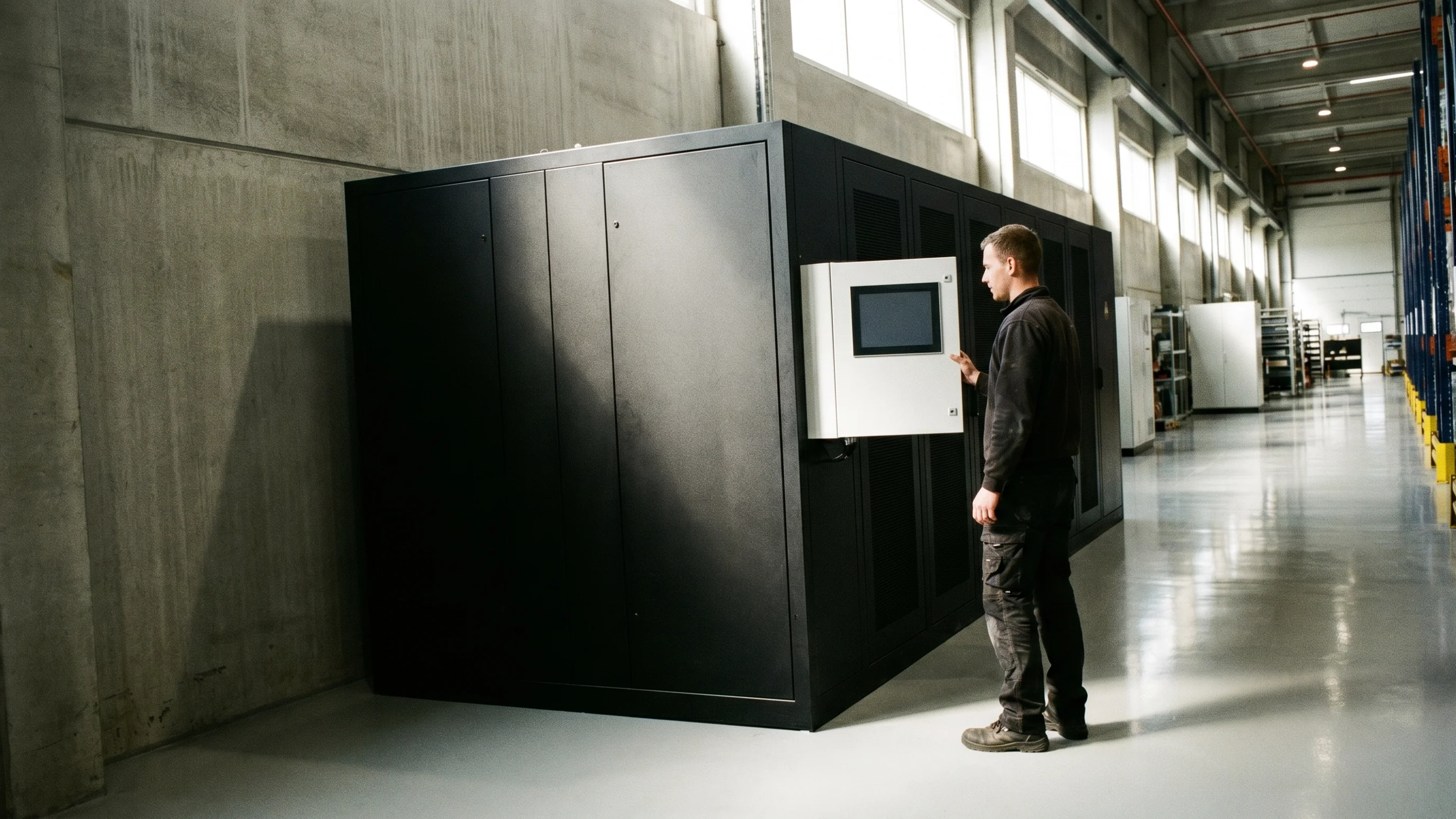 Zakelijke batterijopslag in een commercieel pand met ongebrande stalen kasten en betonnen muren