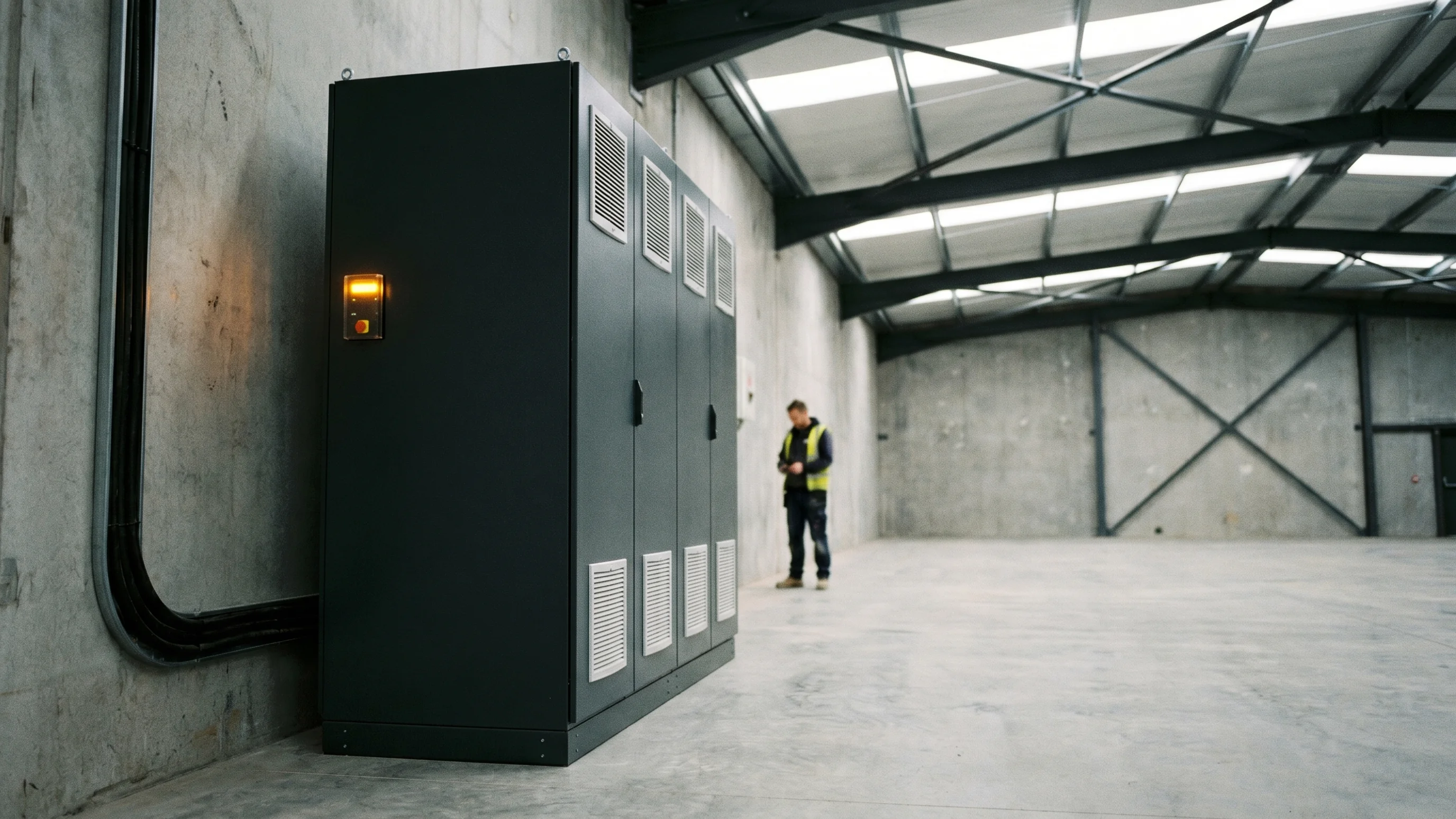 Grote zakelijke batterijopslag geïnstalleerd in industrieel magazijn met betonnen vloer en stalen dakspanten