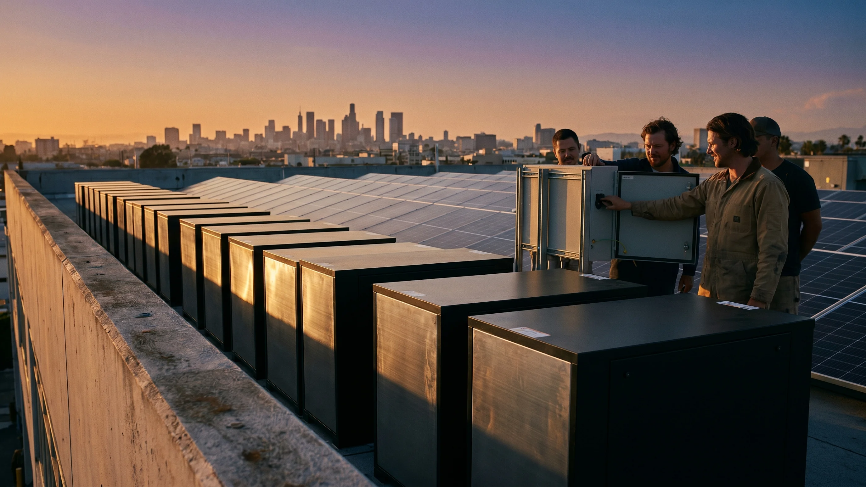 Zakelijke batterijopslagsystemen op commercieel dak met zonnepanelen bij zonsondergang — EIA-aftrek voor zakelijke batterijopslag