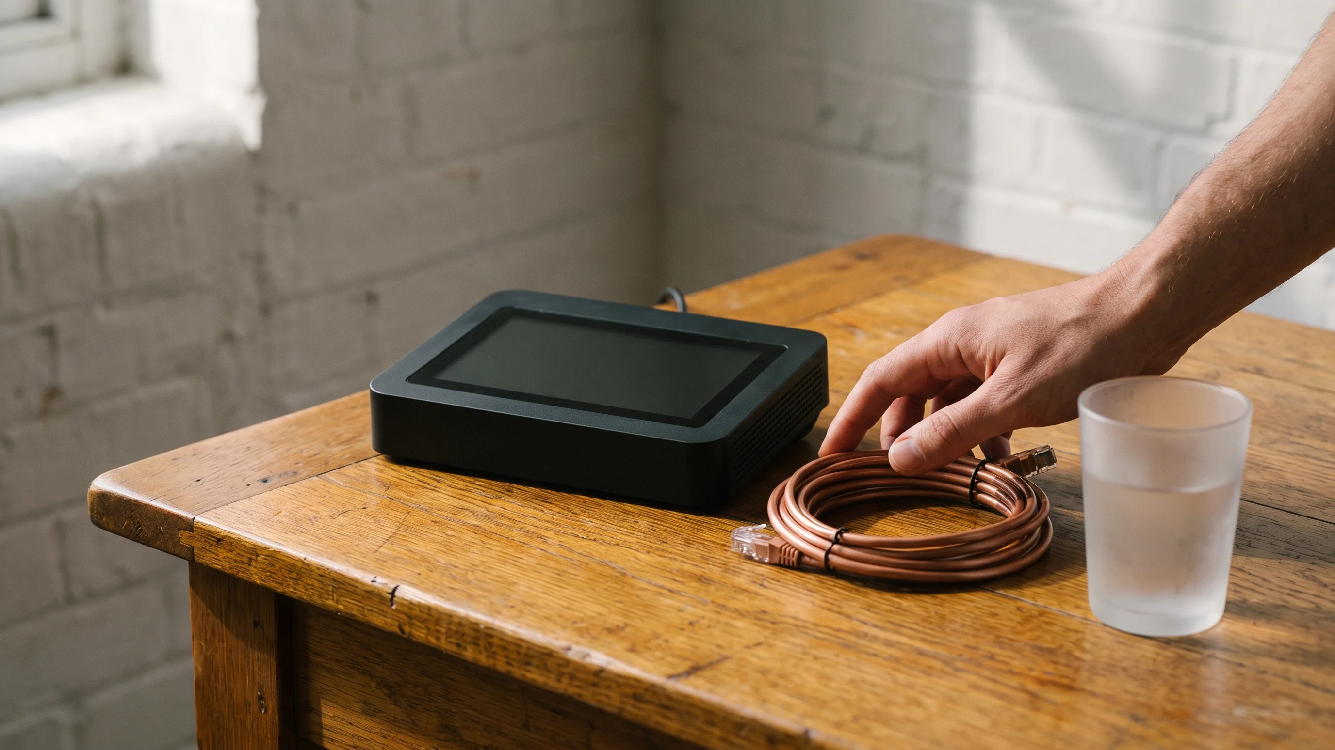 Sigenergy Gateway apparaat op eiken tafel met ethernet kabel – compacte energiebeheer gateway voor zonnepanelen