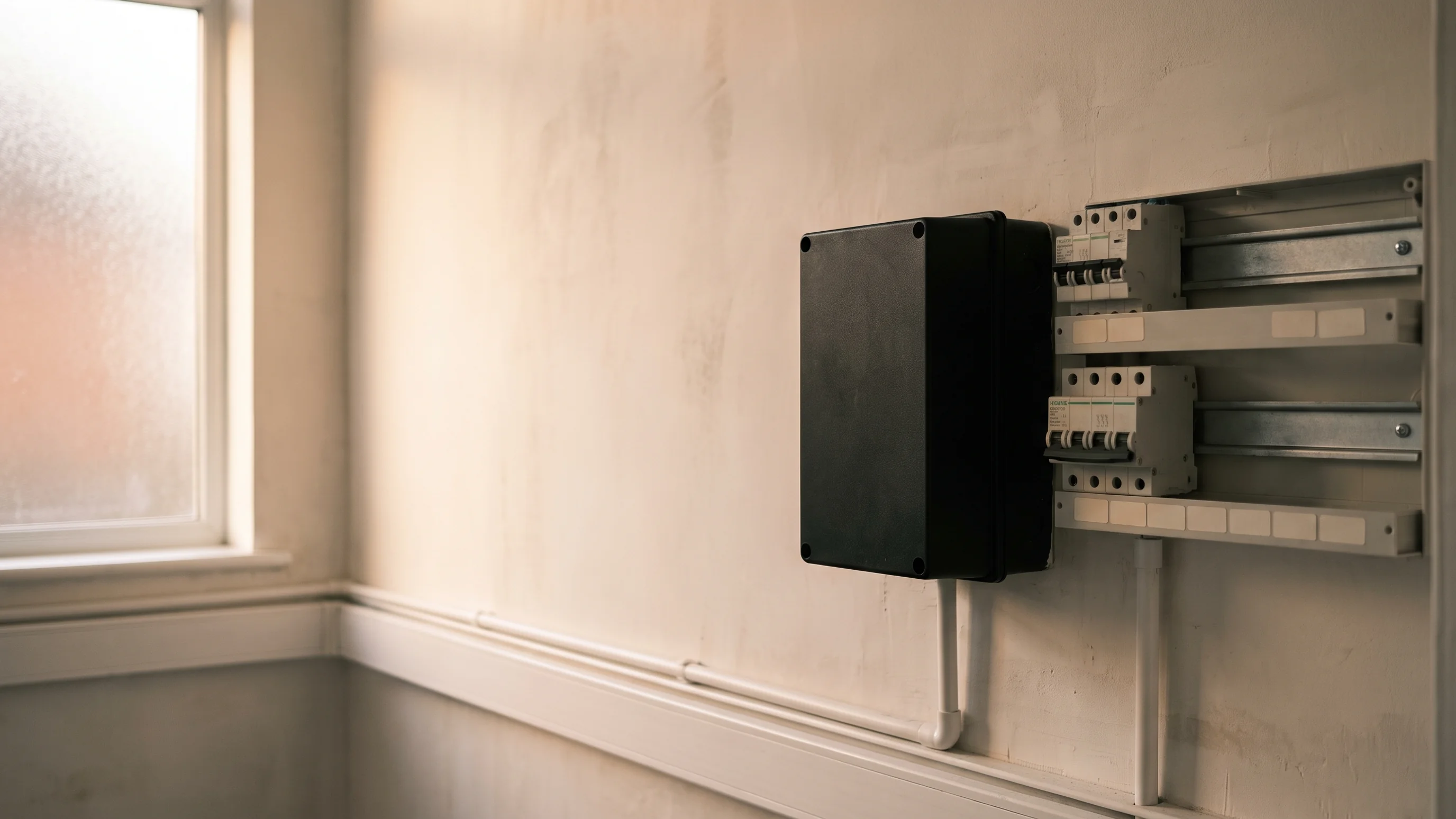 Compacte energiebeheerkast naast moderne meterkast met verzorgde bedrading in witte woning