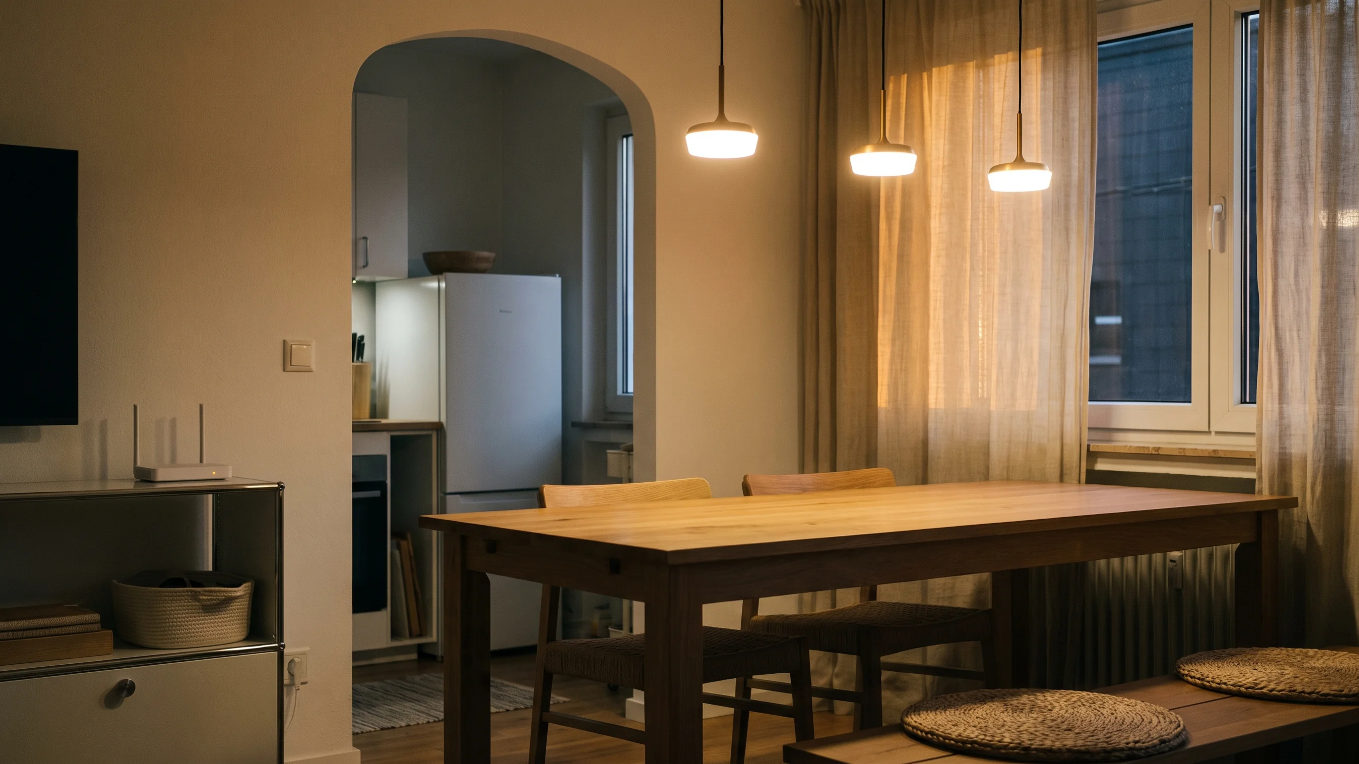 Verlichte moderne woonkamer met draaiende apparaten tijdens gesimuleerde stroomuitval in de wijk