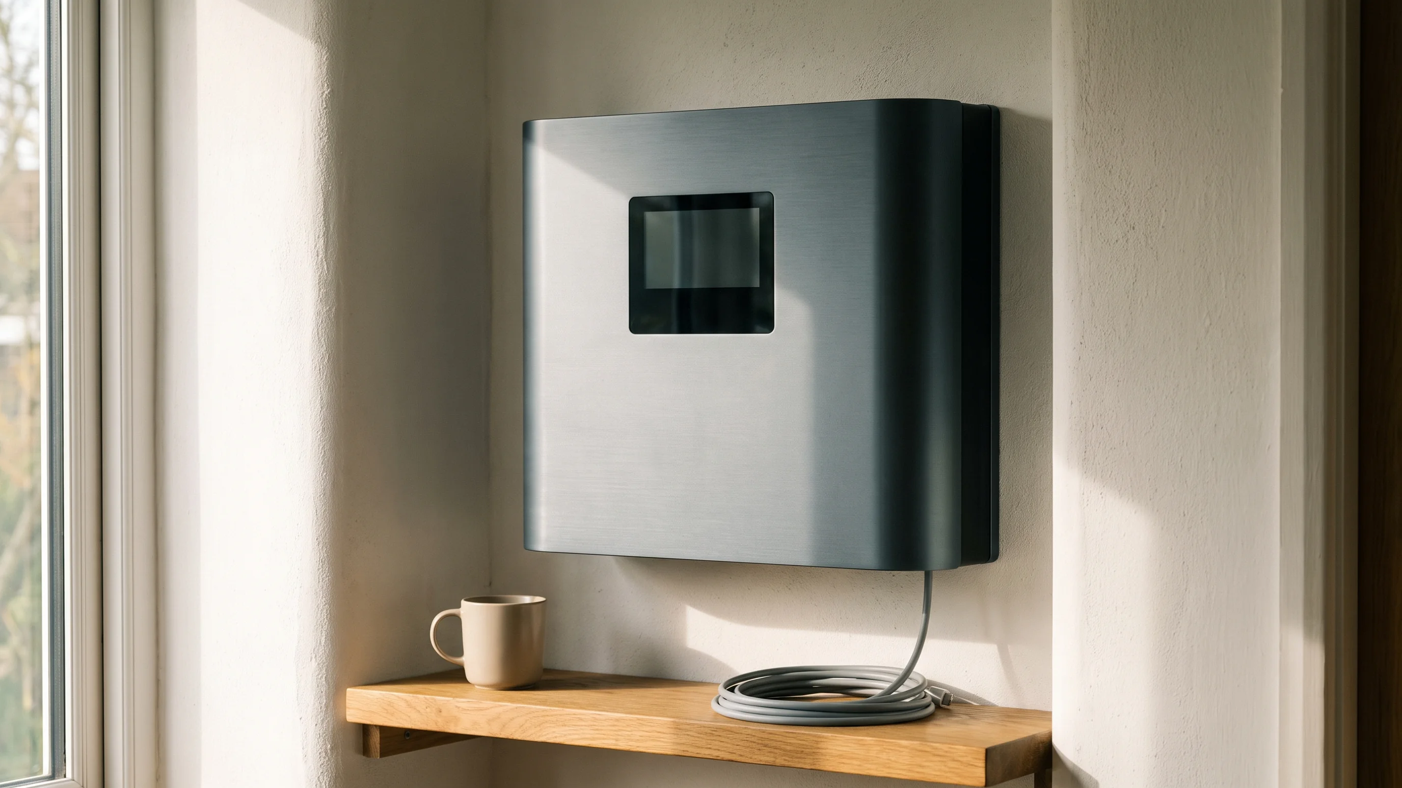 Sigenergy SigenStor thuisbatterij gemonteerd aan witte muur in modern interieur met warm daglicht