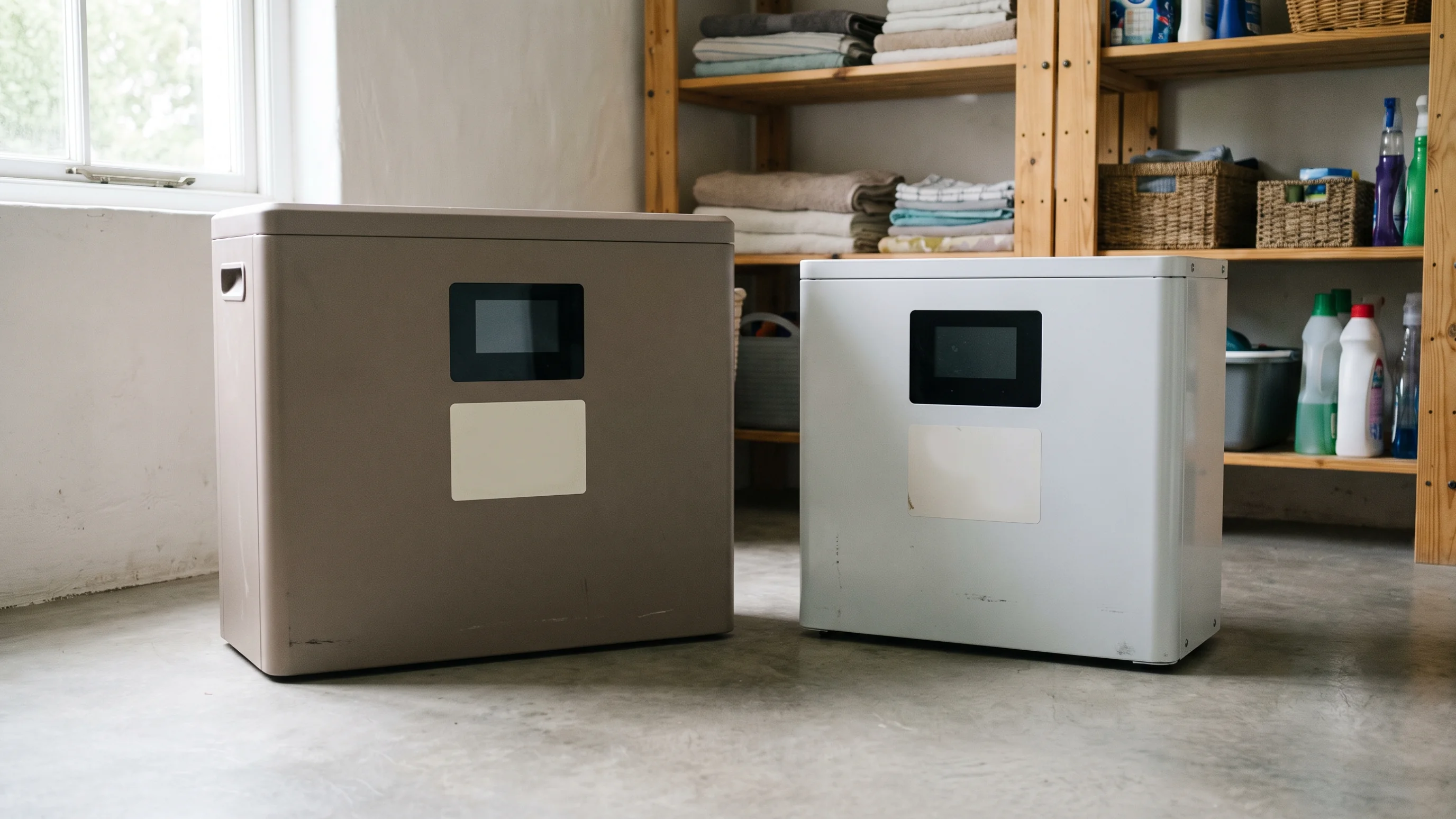 Twee thuisbatterijen naast elkaar vergeleken in een nette technische ruimte — Sigenergy vs concurrenten
