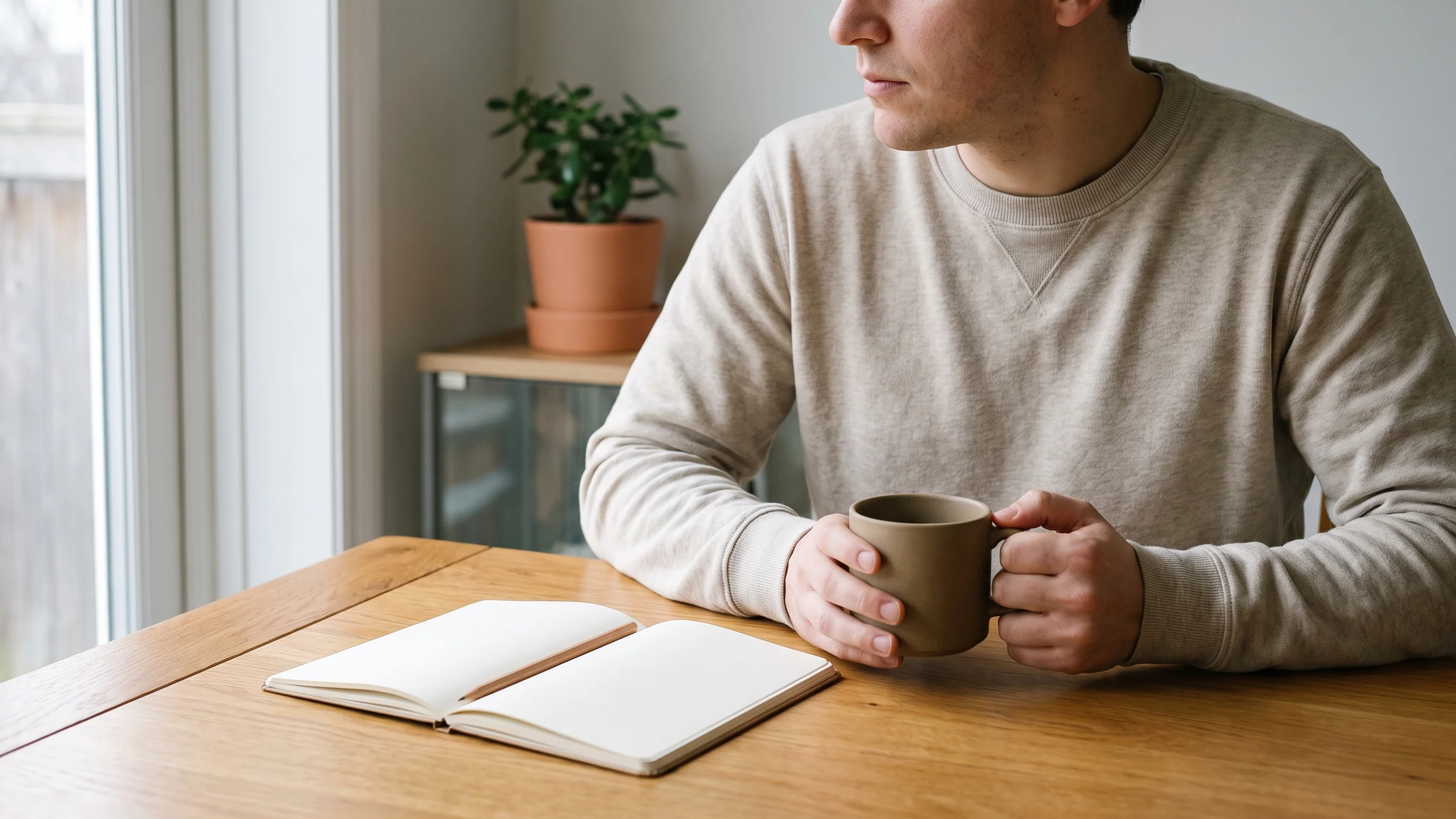 Huiseigenaar aan eiken keukentafel overweegt thuisbatterij keuze met notitieboek en koffie