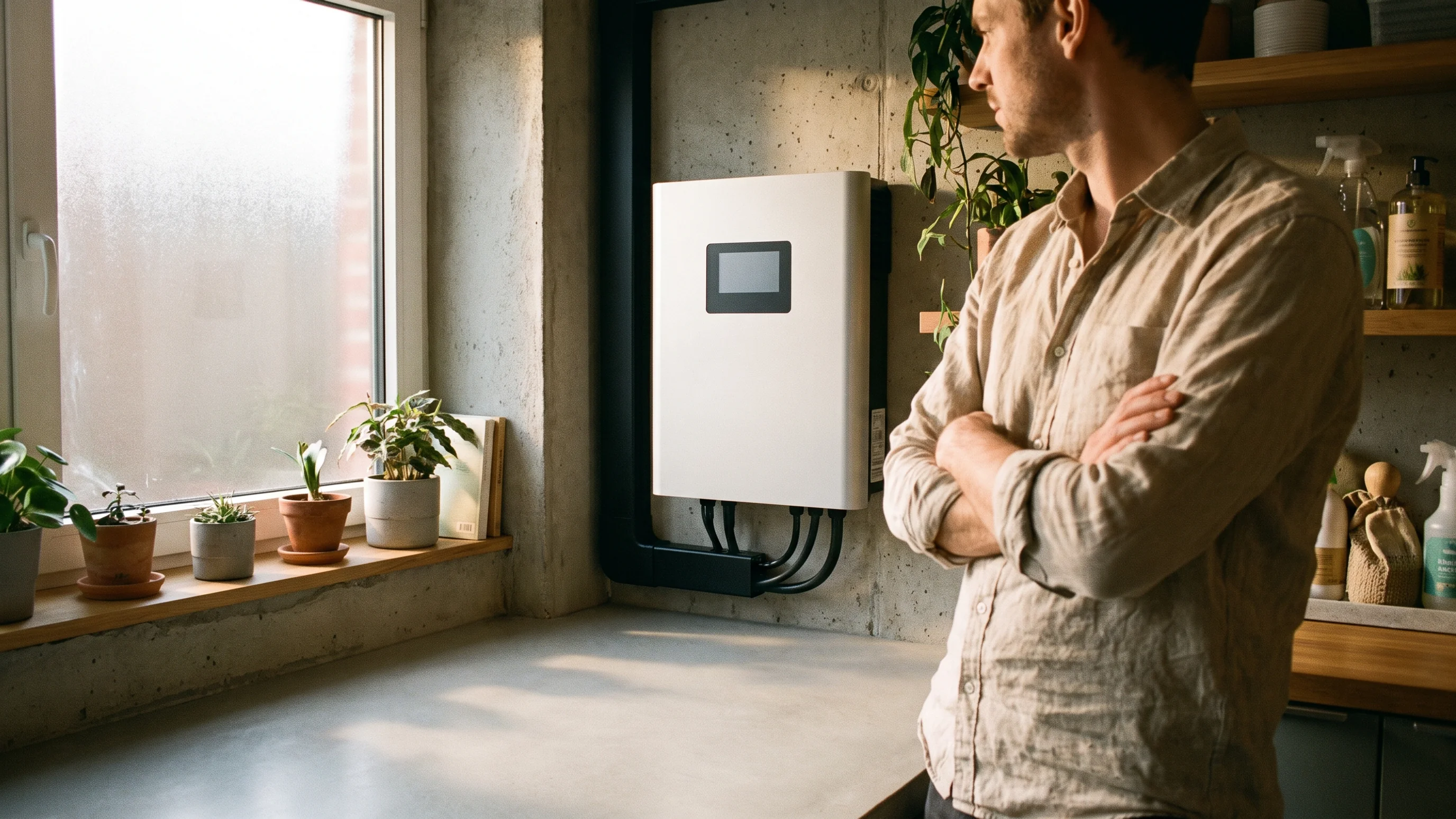 Thuisbatterij systeem gemonteerd in een nette meterkast met ongemerkte behuizing en strakke kabelgoot