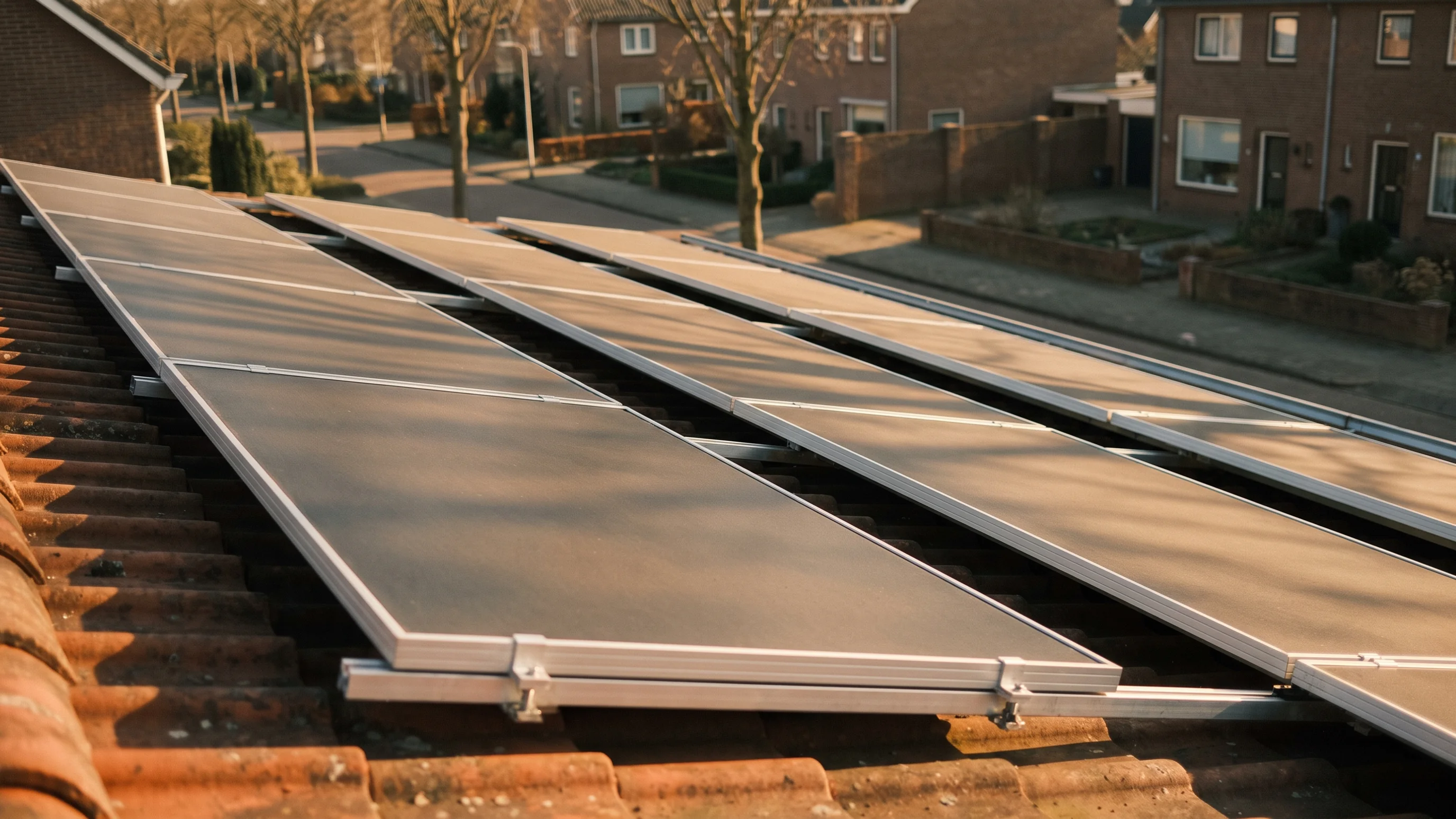 Zonnepanelen op Nederlands woonhuis tijdens zonsondergang met warme gouden achtergrondverlichting