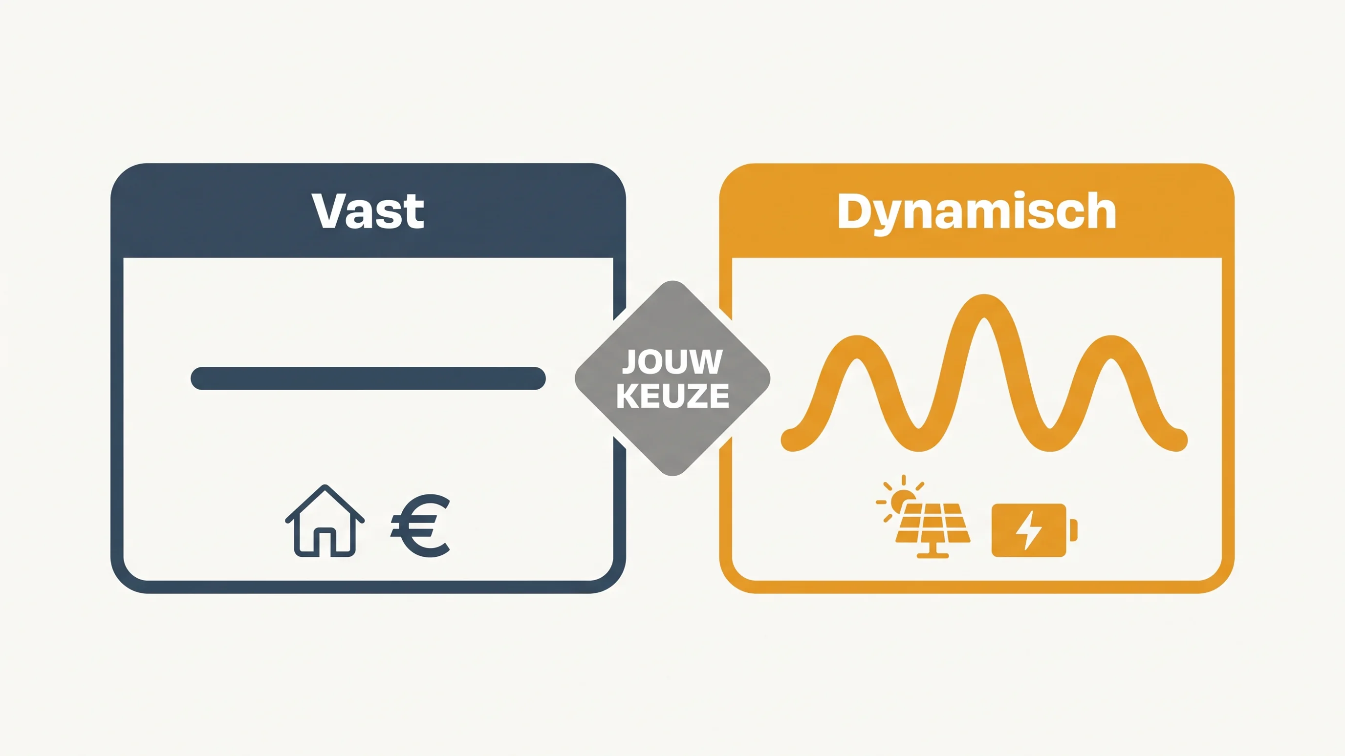 Infographic met twee opties: vast energiecontract (stabiele prijs, huis, euro) versus dynamisch contract (variabele prijs, zonnepanelen, batterij).
